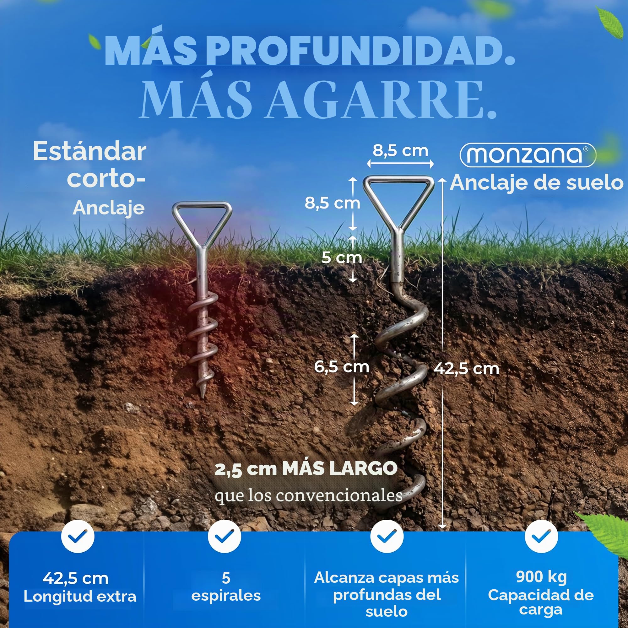 MONZANA Kit de 4 Anclajes en Espiral al Suelo 5 Piquetas 4 Correas de Fijación máx.900Kg Trampolín