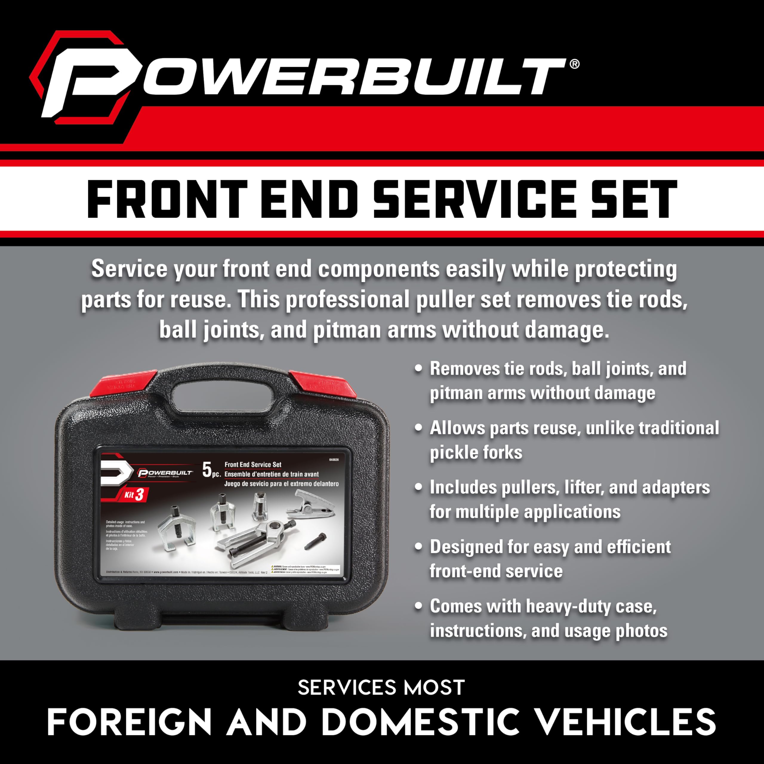 Powerbuilt Kit de servicio de vehículo de extremo delantero, extractor de extremo de barra de acoplamiento, removedor de rótulas de coche y camión, extractor de brazo Pitman, 6 piezas, 648626, negro
