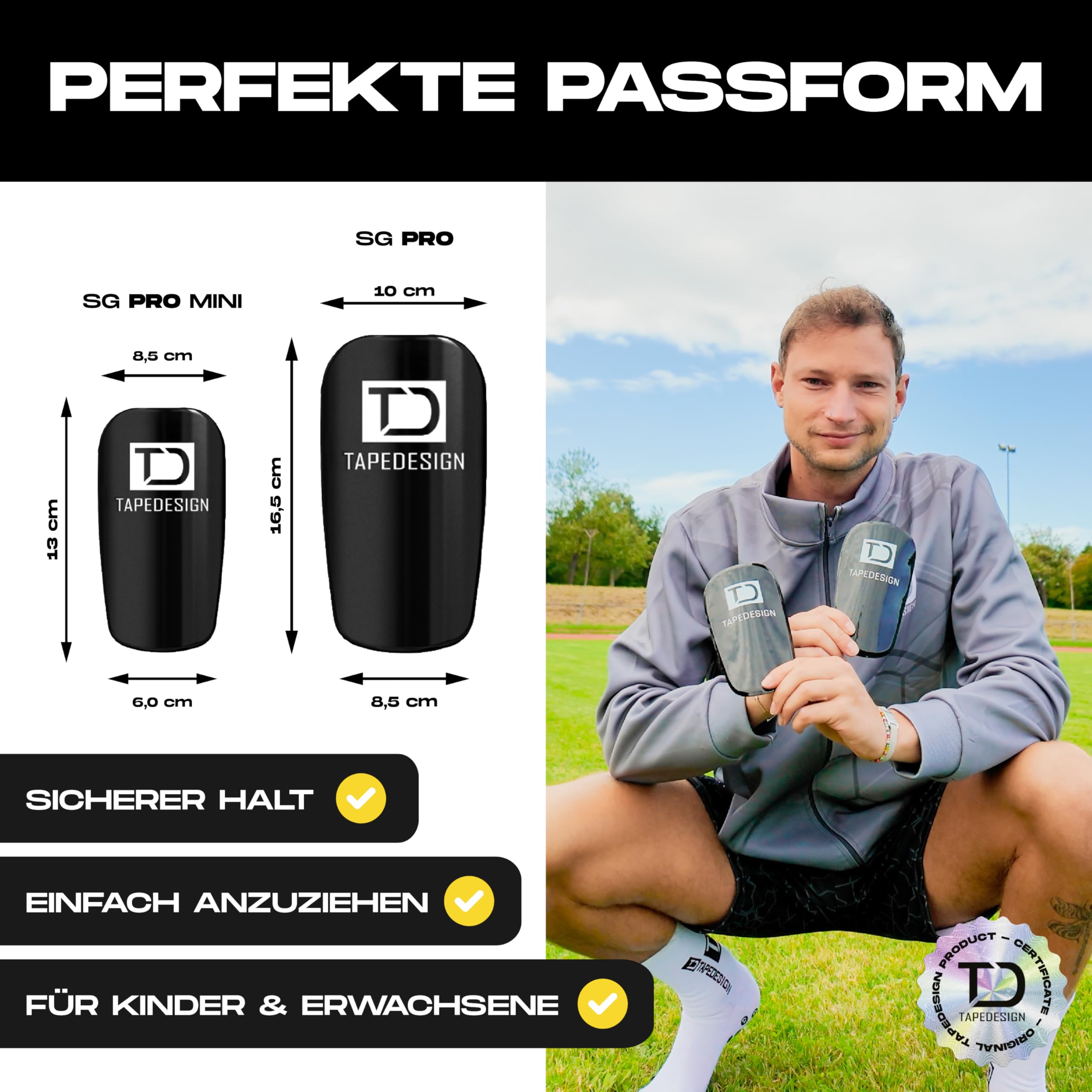 TAPEDESIGN – Ochraniacze piszczeli piłkarskie męskie czarne – ultralekkie, elastyczne i antypoślizgowe – indywidualnie dopasowane ochraniacze na golenie – mini ochraniacze piszczeli, dzieci i