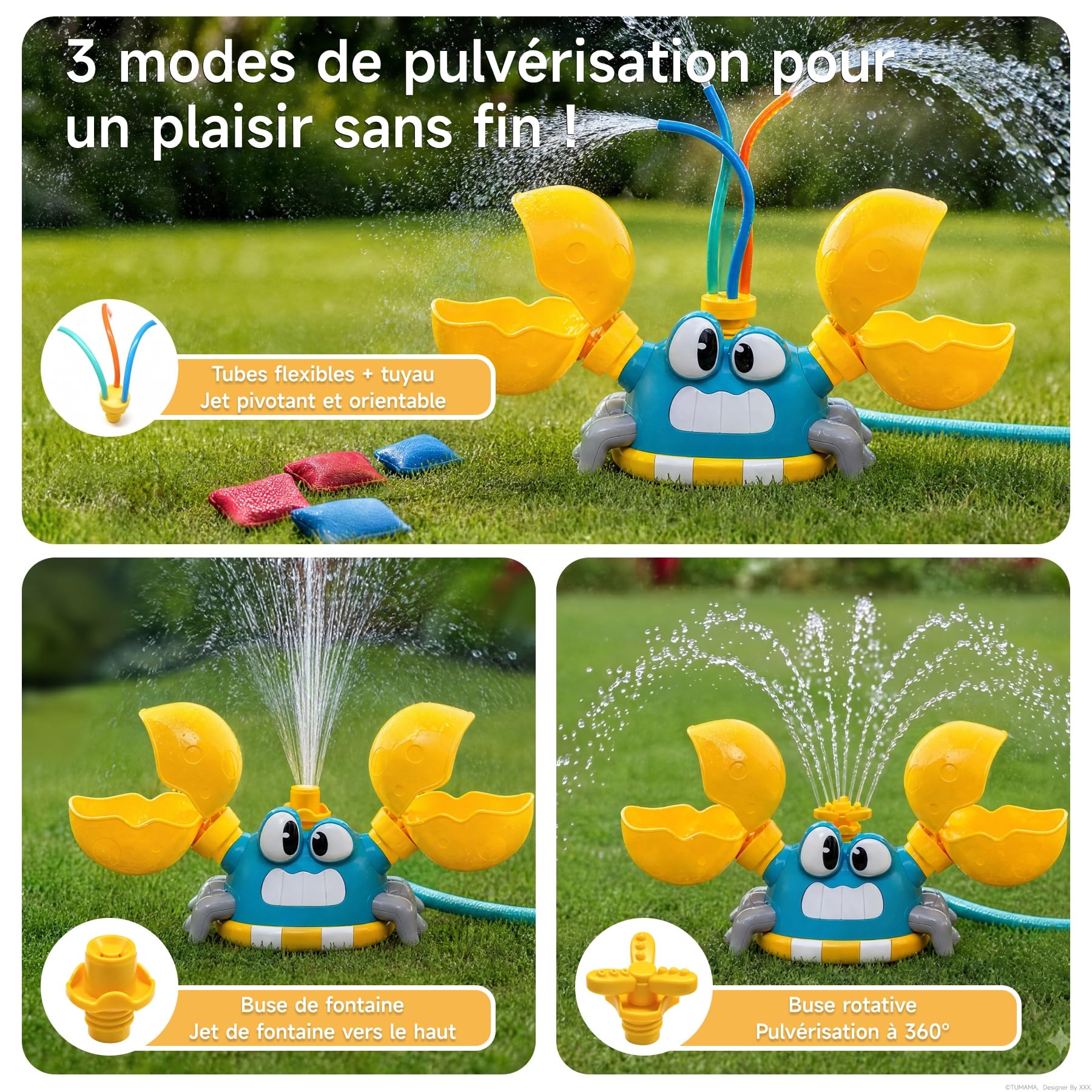 Arroseur Crabe pour Jeux d'eau Enfant extérieur, Cornhole Sac Inclus .Trois Modes de Jets d'eau, arroseur extérieur Amusant, activité Cornhole et Jeu d'eau Enfant