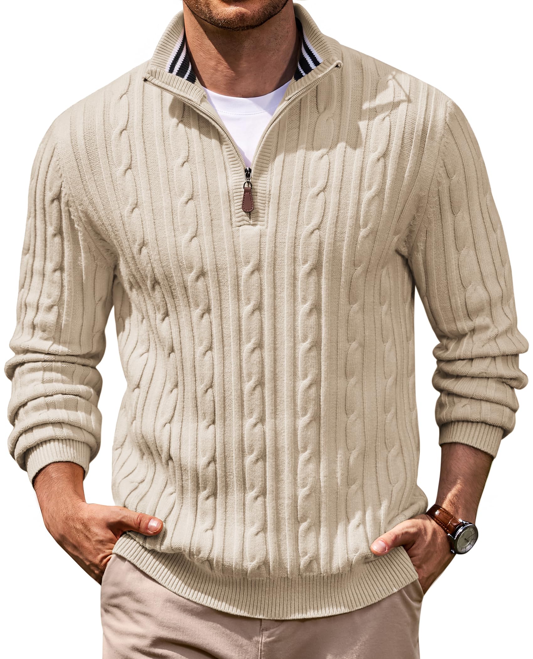 COOFANDY Men's Quarter Zip Pullover Cable Knit Mock Neck Dress Sweater