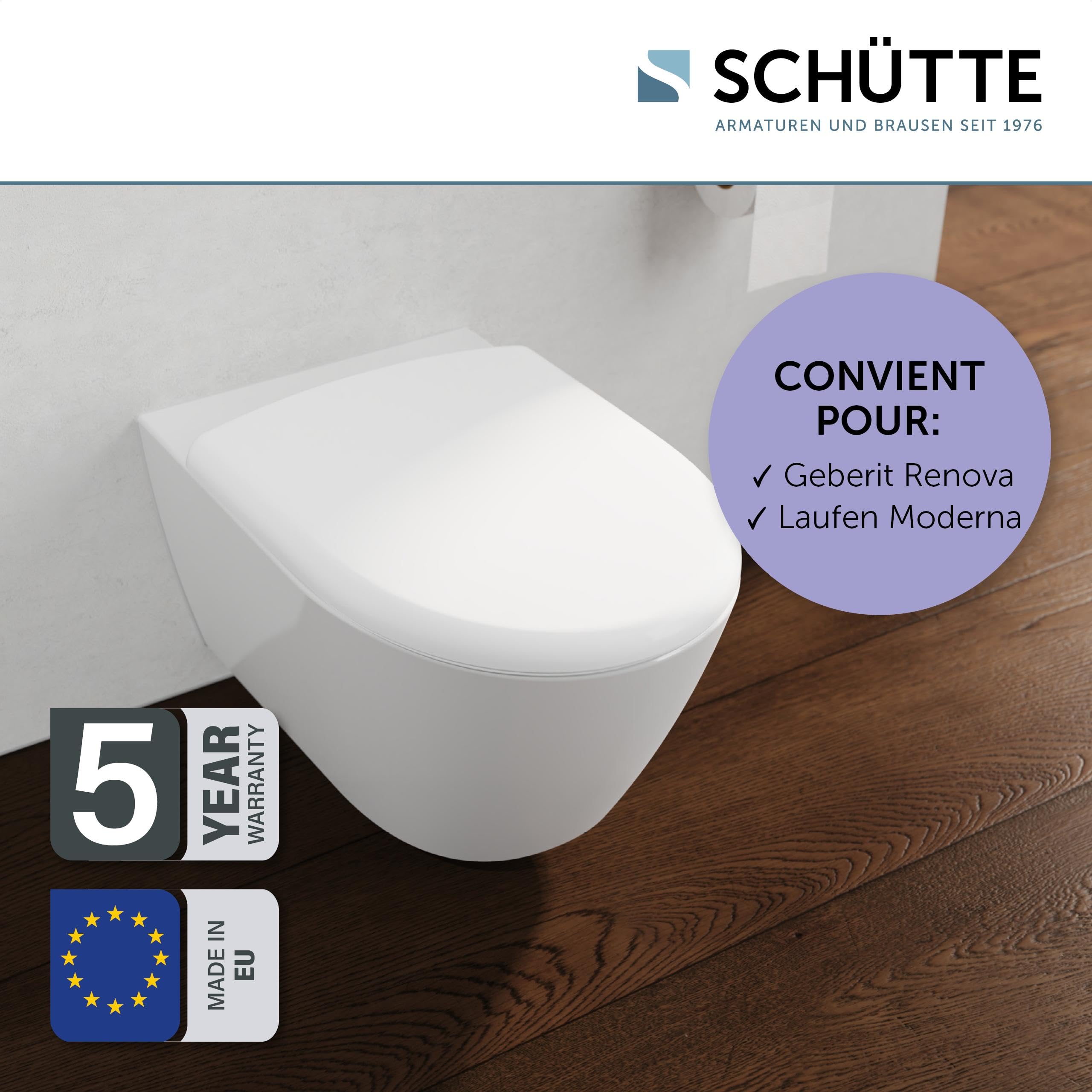 SCHÜTTE Abattant WC compatible avec Geberit Renova, Laufen Moderna, avec système d'abaissement automatique, fabriqué en UE, couvercle de toilette amovible en Duroplast incassable, couvercle de
