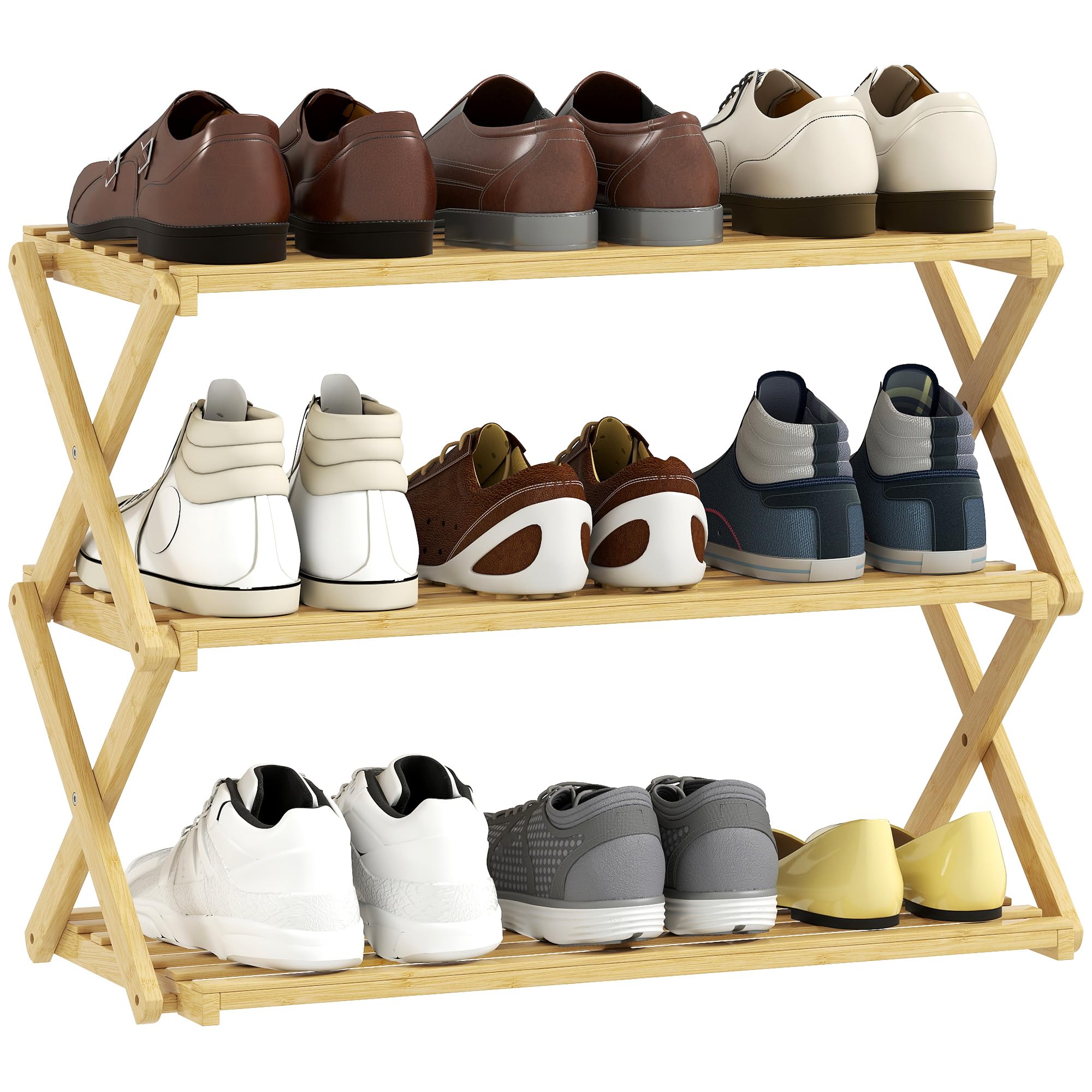 HOMCOM 3-Tier Bamboo Shoe Rack, Folding Shoe Shelf, No Assembly, Portable Storage Organiser for Entryway, Hallway, Living Room, Small Space, Holds up to 9 Pairs, Natural