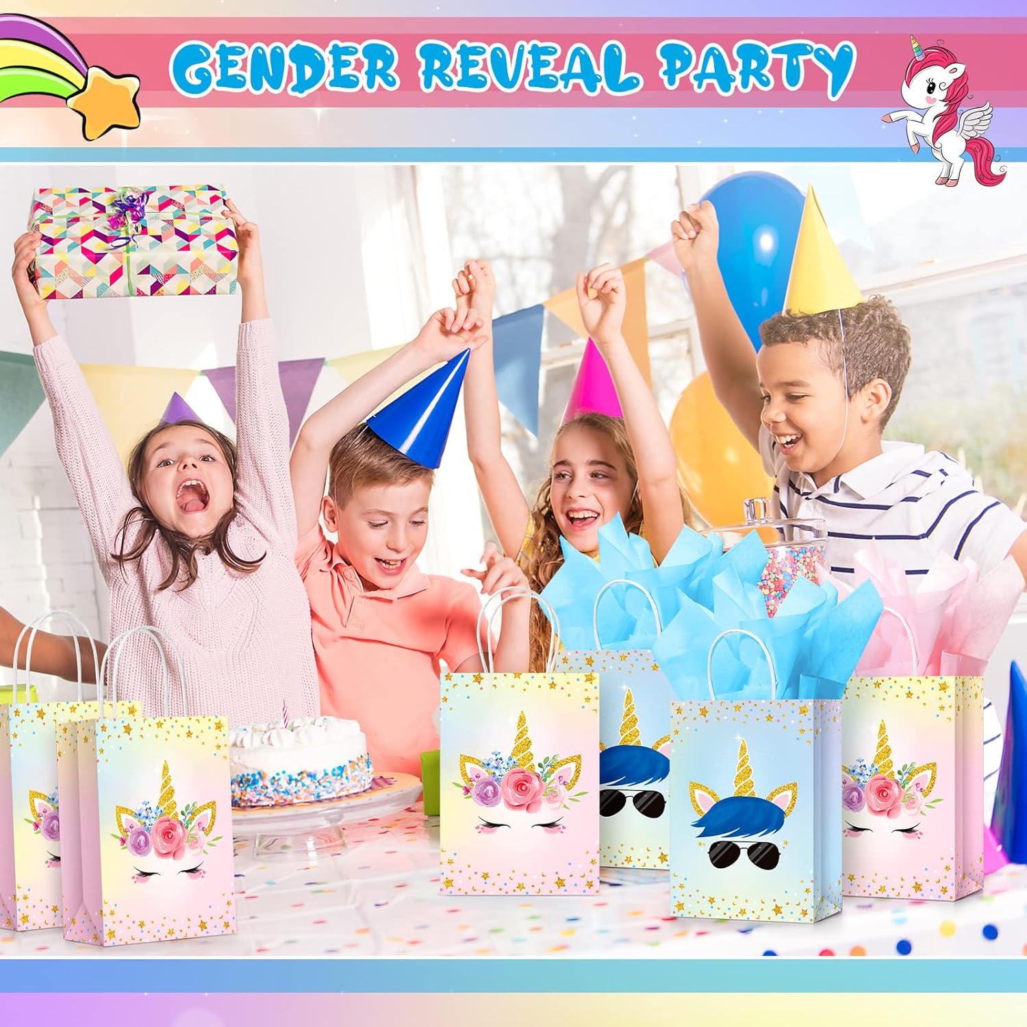 Sherr 30 Pcs Unicorn Party Favor Bags with Handles Tissue 8.3 Inches Paper Candy Treat Goodie Gift Unicorn Party Supplies for Kids Girls Boys Gender Reveal Baby Shower Birthday Decorations - Image 6