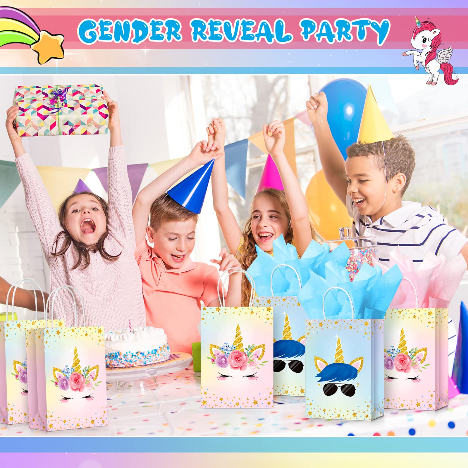 Sherr 30 Pcs Unicorn Party Favor Bags with Handles Tissue 8.3 Inches Paper Candy Treat Goodie Gift Unicorn Party Supplies for Kids Girls Boys Gender Reveal Baby Shower Birthday Decorations