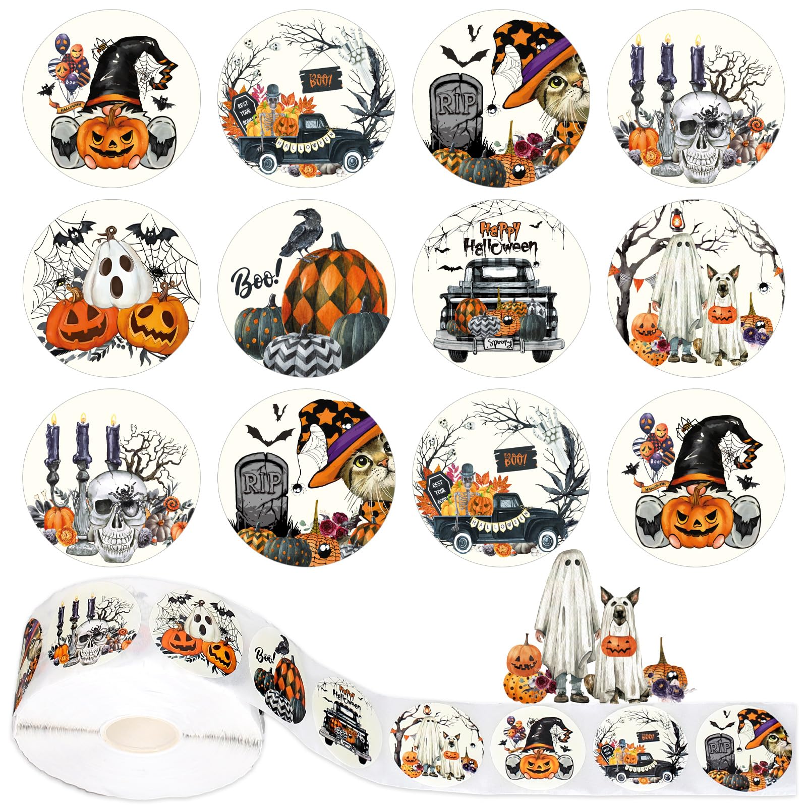 Whaline 1000Pcs Halloween Stickers Roll Watercolor Halloween Pumpkin Skull Self-Adhesive Stickers Decals for Party Envelope Journal Scrapbook, 8