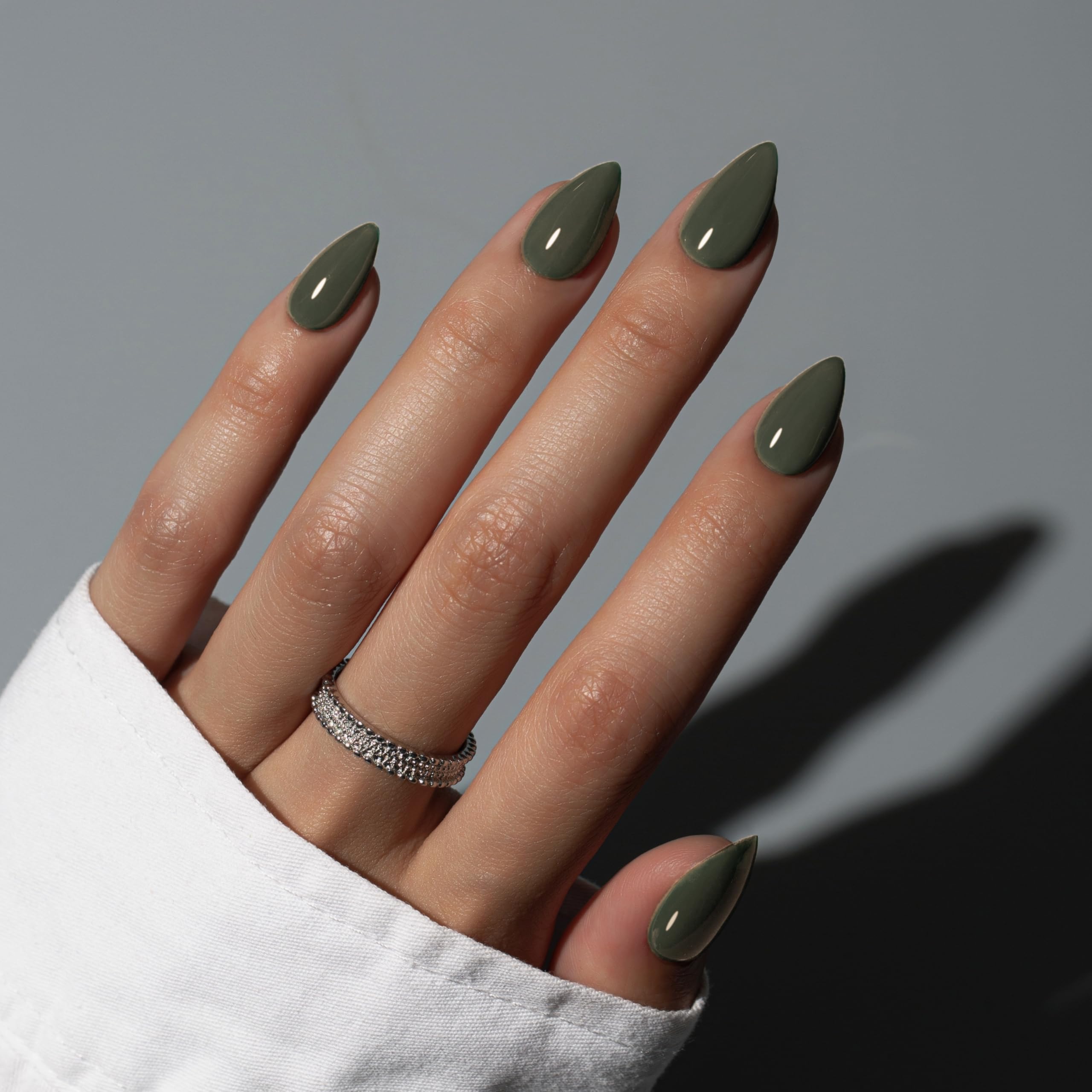 KQueenest Olive Green Press On Nails Short - Acrylic Press On Nails Almond, Sheer Fake Nails Moss Green, Glossy Opaque, Stiletto Reusable Soft Gel