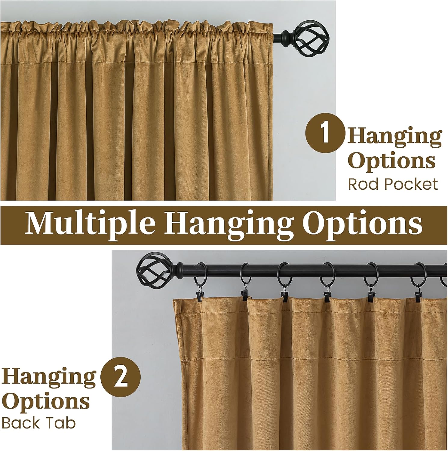 SimpleHome Golden Brown Velvet Curtains 96 Inches for Living Room,Rod Pocket Luxury Blackout Velvet Curtains Thermal Insulated 2 Panels Room Darkening Drapes,W52 x L96