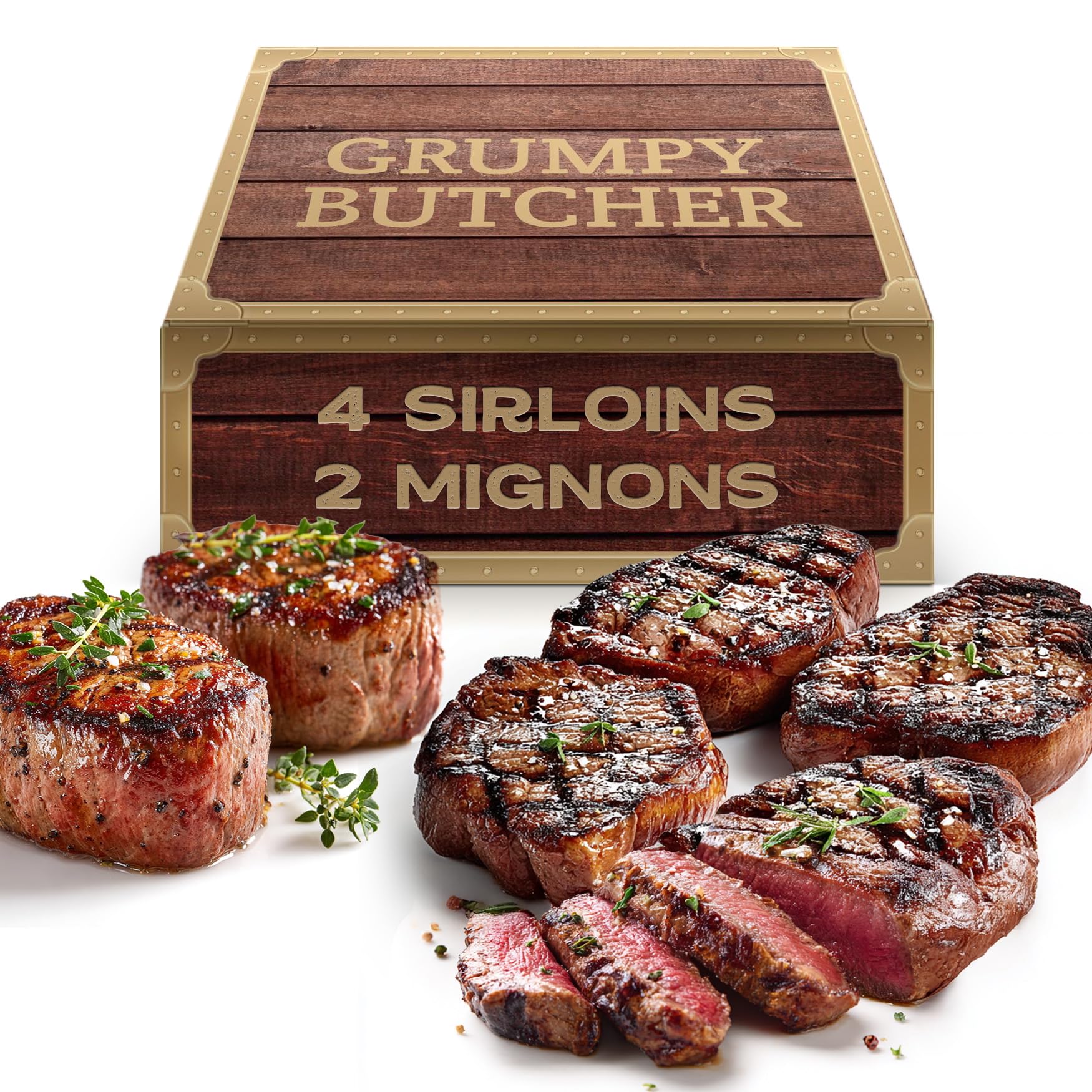 Grumpy Butcher 6 Steaks Supreme Sampler Gift Box – 4 Top Sirloin & 2 Large Filet Mignon Steak Grass Fed – Organic Steak, Grassfed, Beef Tenderloin & Filet Gift Basket – Premium Lean Steaks Meat Set