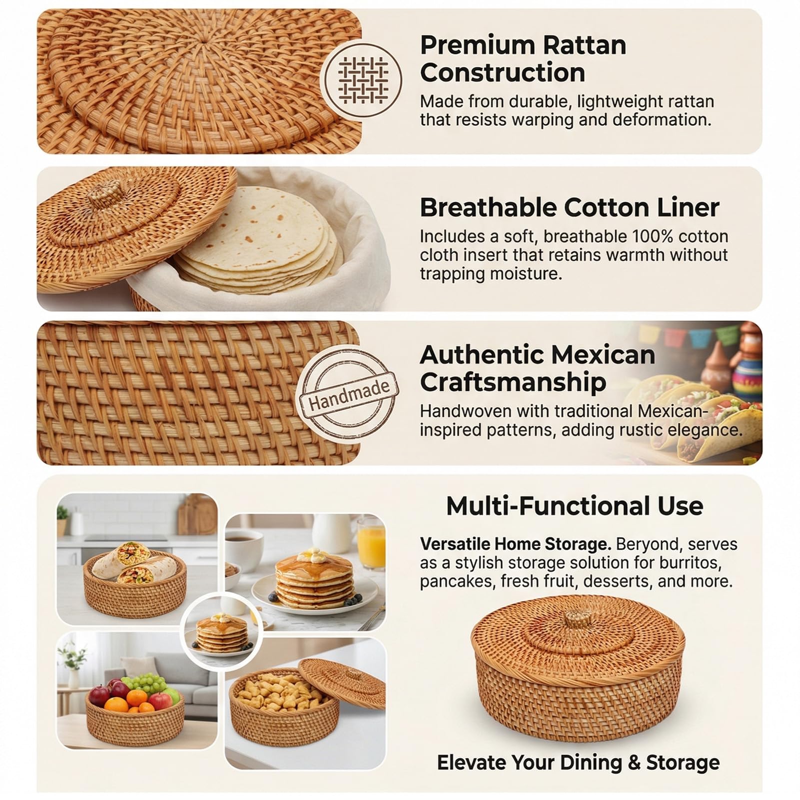Demeras Cesta Calentadora de Tortillas Tejida a Mano de Ratán con Tapa, Estilo Mexicano, para Comidas Familiares, Decoración de Cocina, 10,2x3,5 Pulgadas