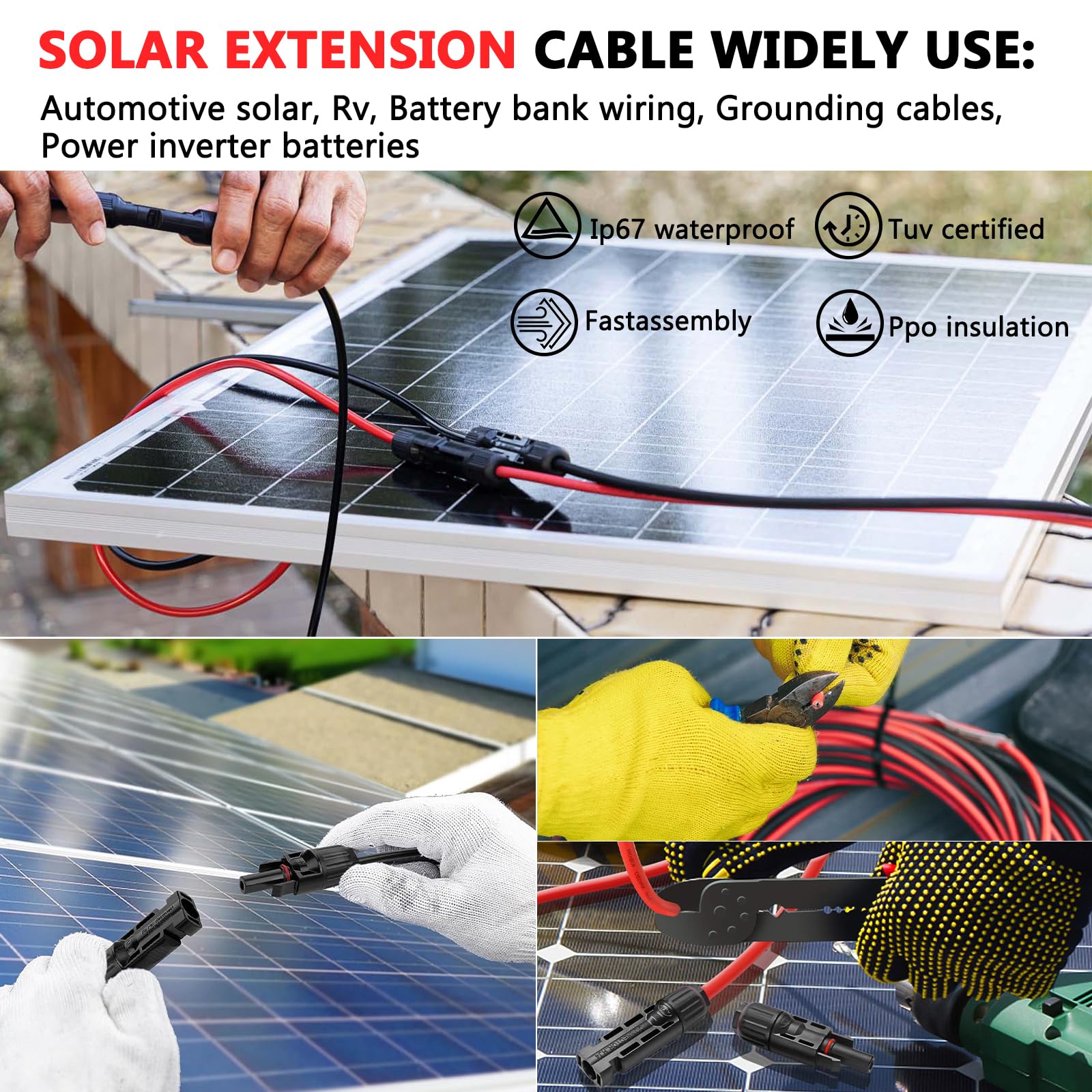 Vansdon Solarmodul-Verlängerungskabel, 6 m, 10 AWG, Solar-Verlängerungskabel-Set mit weiblichen und männlichen, wasserdichten Steckern für Wohnmobil, Photovoltaik-Systeme (6 m)