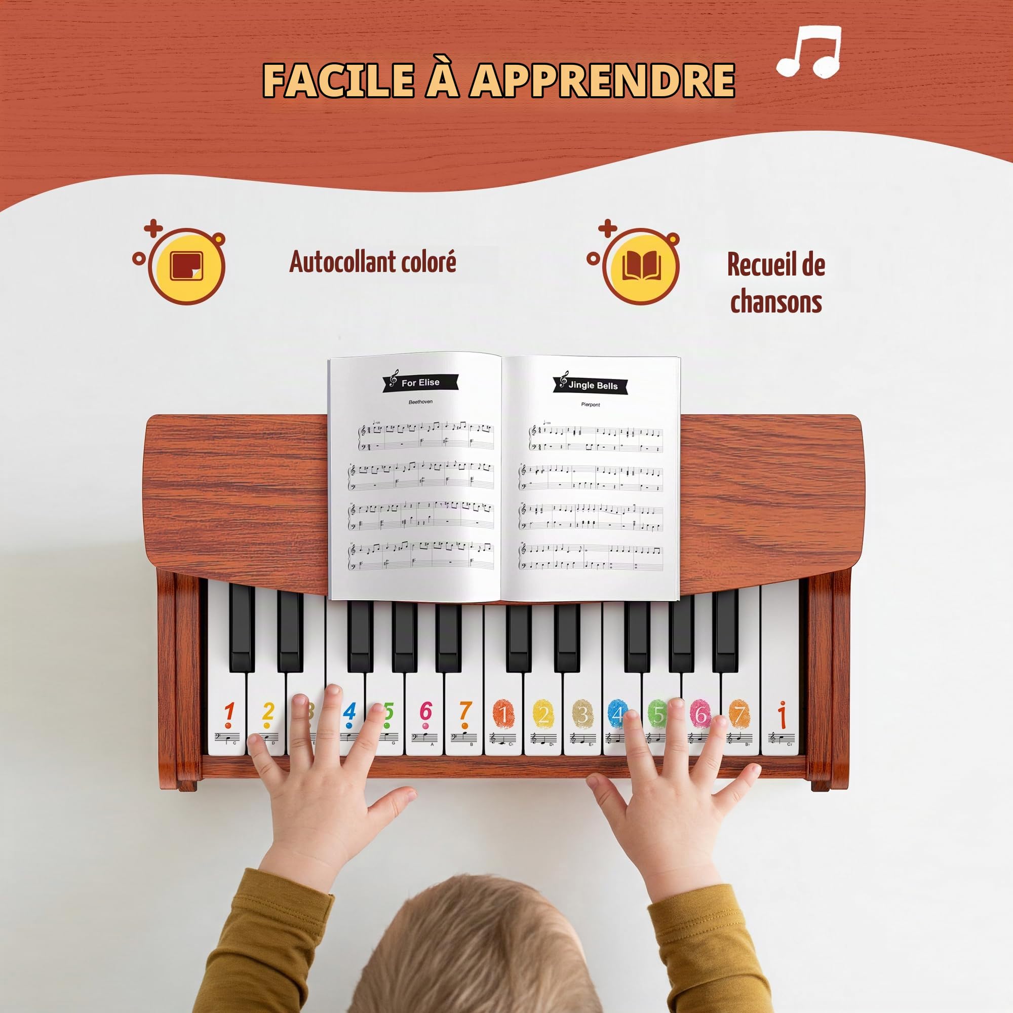 CAHAYA Piano Enfant Bois, Piano Numérique 25 Touches, dès 3 Ans | 2-en-1 bureau ou sur pieds, USB ou piles, prise micro, cadeau anniversaire Noël