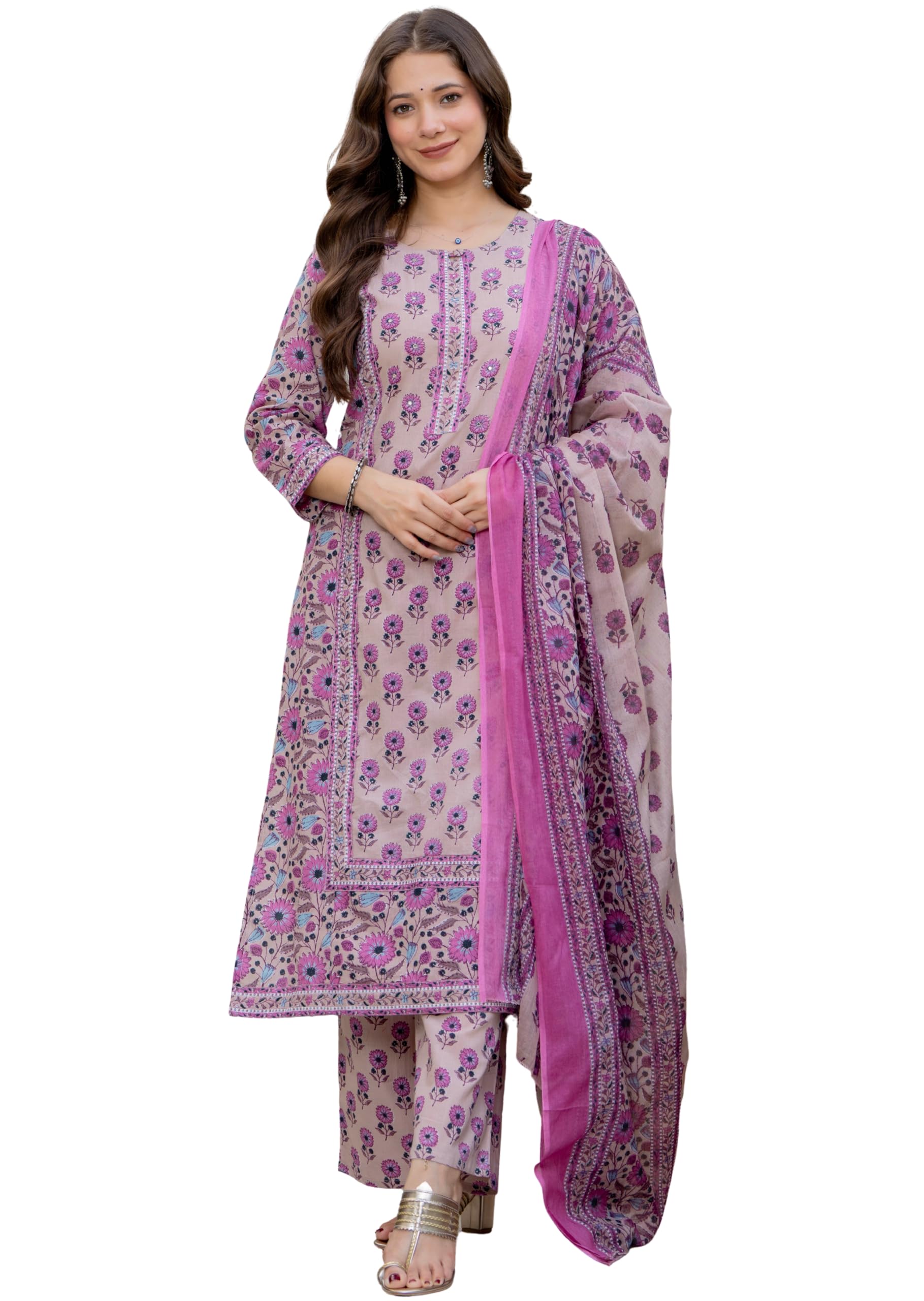 Amayra Women's Pure Cotton Straight Kurta Set with Palazzo Pants & Dupatta|Ethnic wear|Kurta Set for Women
