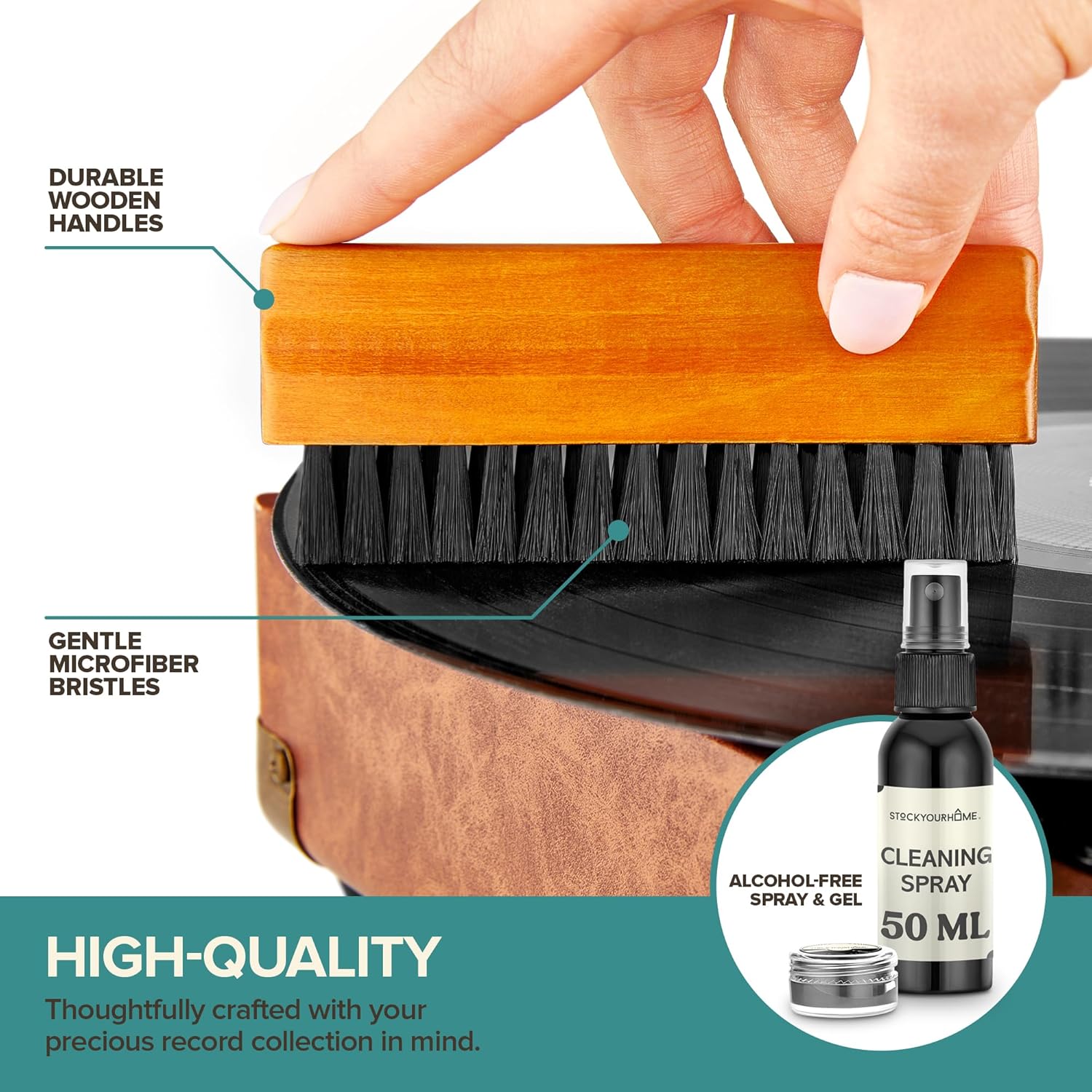 Stock Your Home Vinyl Record Cleaning Kit – 6-Piece Set with Vinyl Cleaner Spray, Anti-Static Velvet Brush, Needle Cleaning Gel & Brush, Drawstring Duster Bag - Image 3