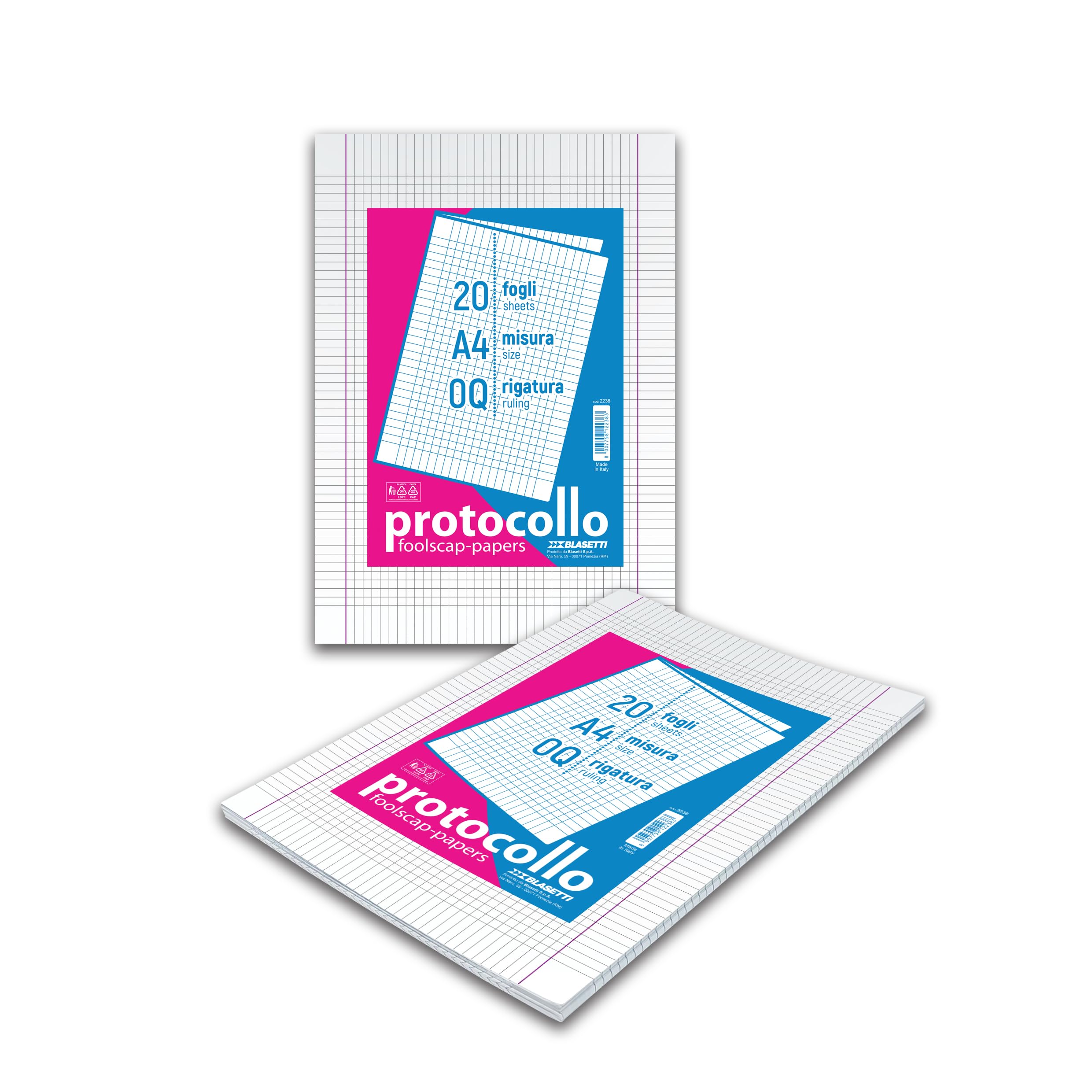 Blasetti Foglio Protocollo - Pacchetto da 20 fogli formato A4, per compiti in classe scuola media e superiore, per studi notarili o avvocati, Carta da 60gr - Rigatura 0Q (Quadretti Medi Con Margini)