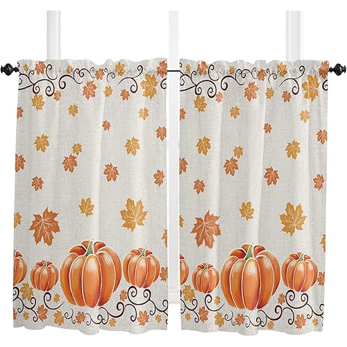 Jolunifun Autumn Pumpkin Kitchen Curtain 45 Inch Length Small Short Cafe Tiers Curtains Drape, 2 Panel Window Treatment Rod Pocket Drapery Panels Curtains, Thanksgiving Fall Maple Leaves Burlap 55x45