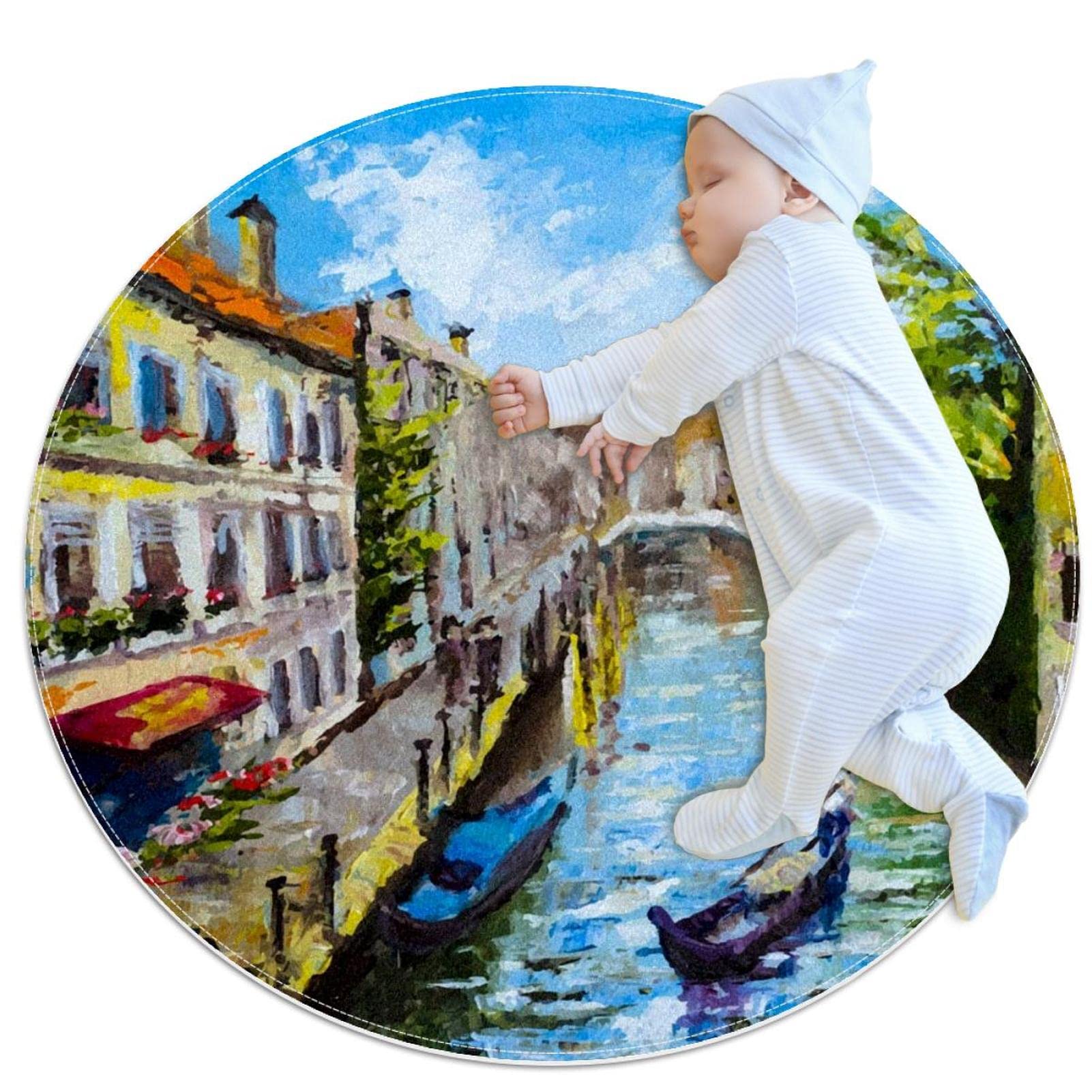 Tapis de salle de bain Venise rond 1m antidérapant pour chambre et salon
