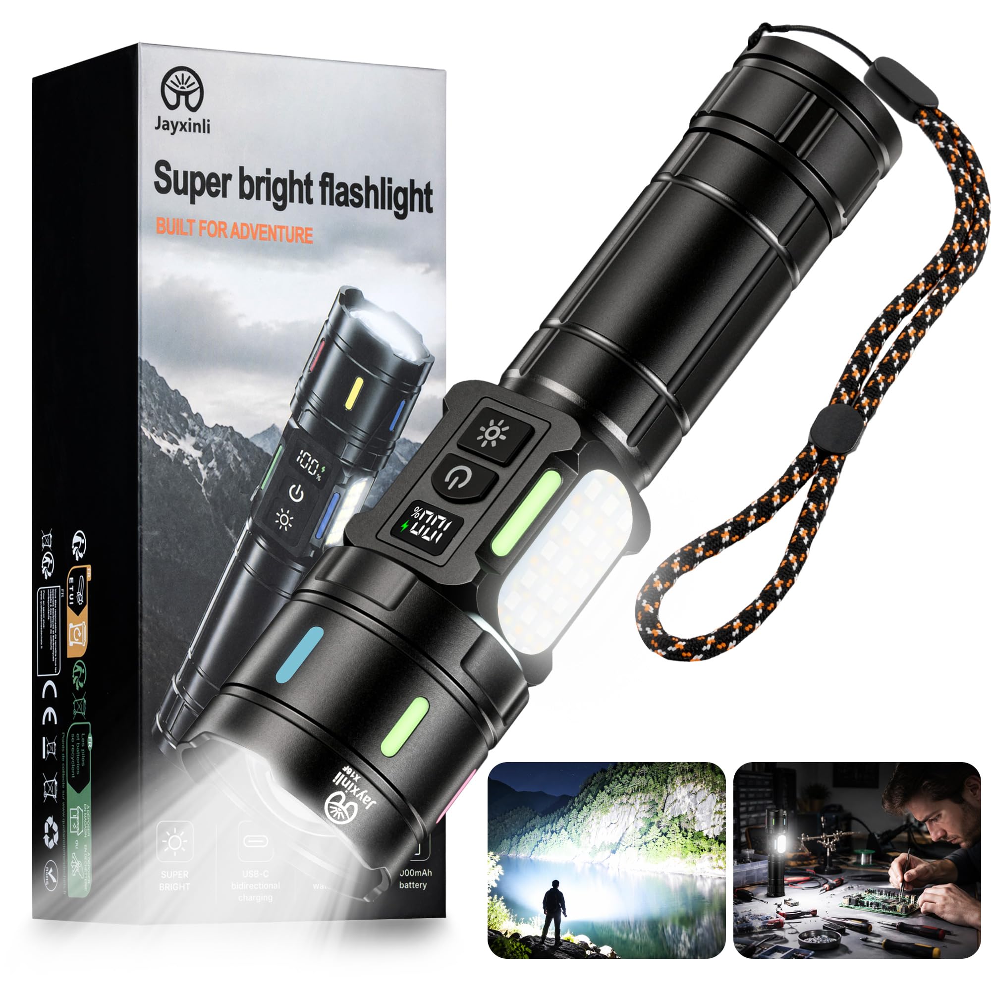 Jayxinli Taschenlampe LED Aufladbar 1000000 Lumen Extrem Hell mit COB | LCD Anzeige 6 Lichtmodi Zoombar 3000m Reichweite IPX7 Wasserdicht Starke Taschenlampen für Camping Outdoor Notfäll