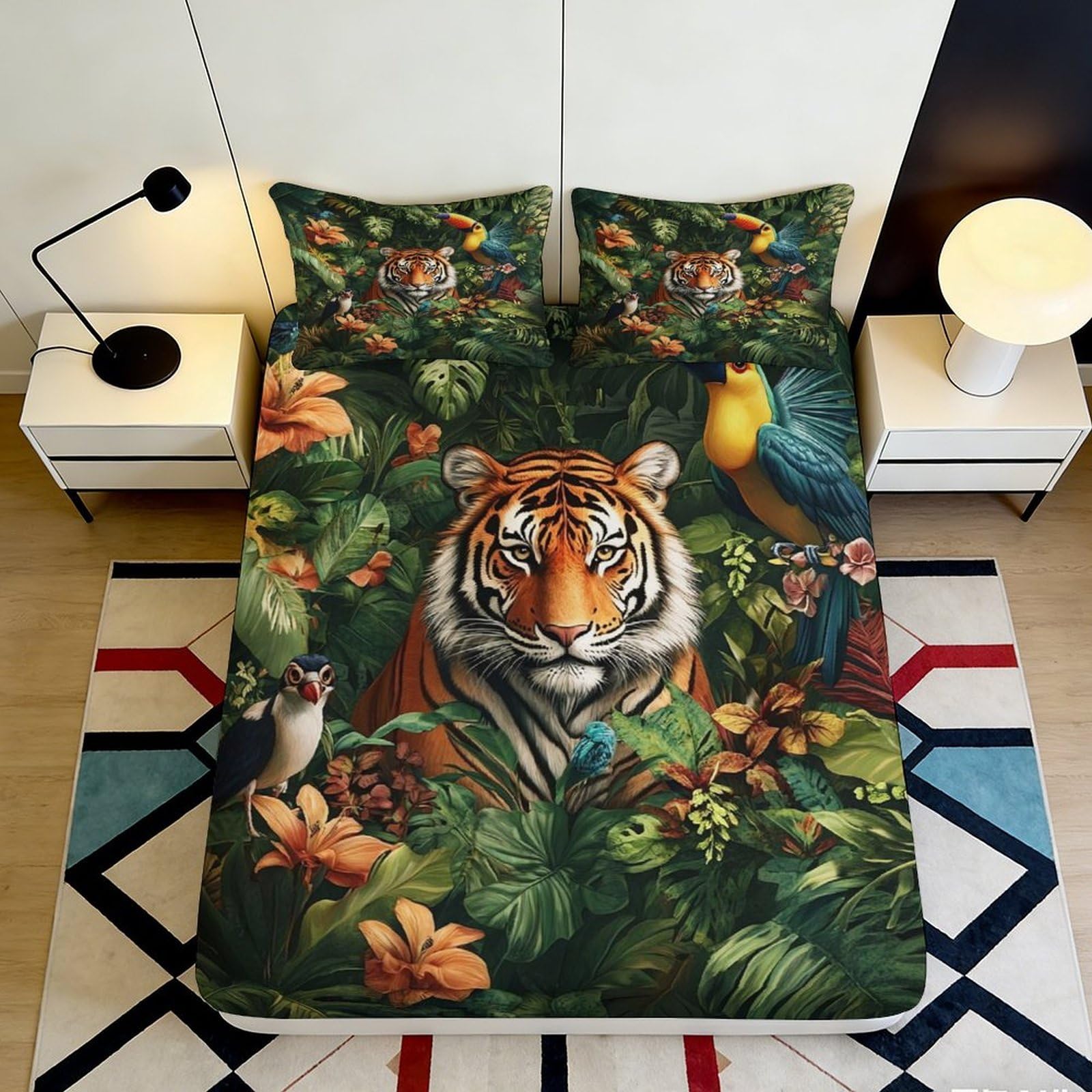 Jqzkxnhpbr Style-7 3D Printed Jungle Tiger Fitted Sheet Microfiber Soft Anti-Slip Parrot Flower Mattress Cover For Bedroom Home Decor 90X200x25cm
