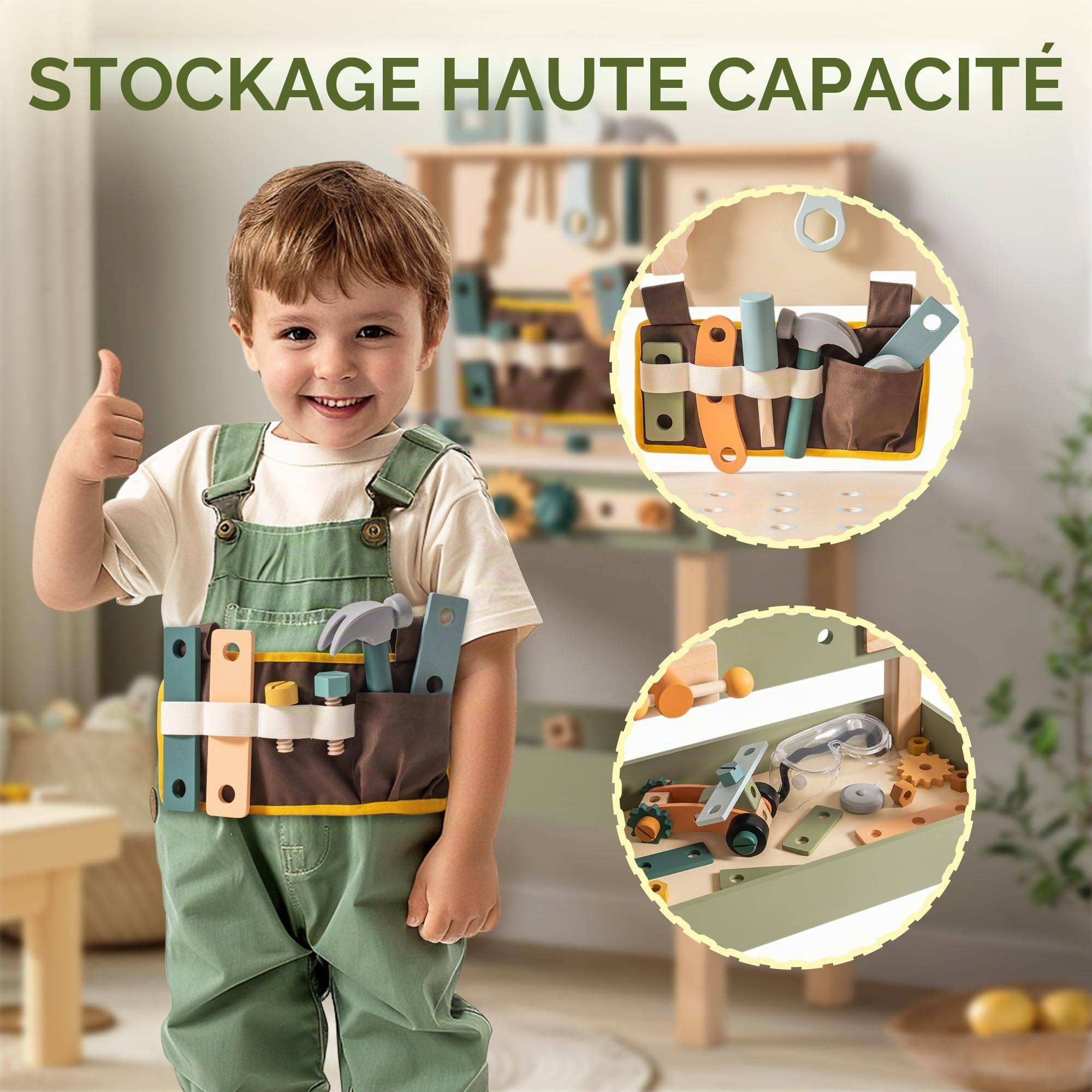 ROBOTIME Banc à outils en bois pour enfants avec outils et papier à dessin, à partir de 3 ans