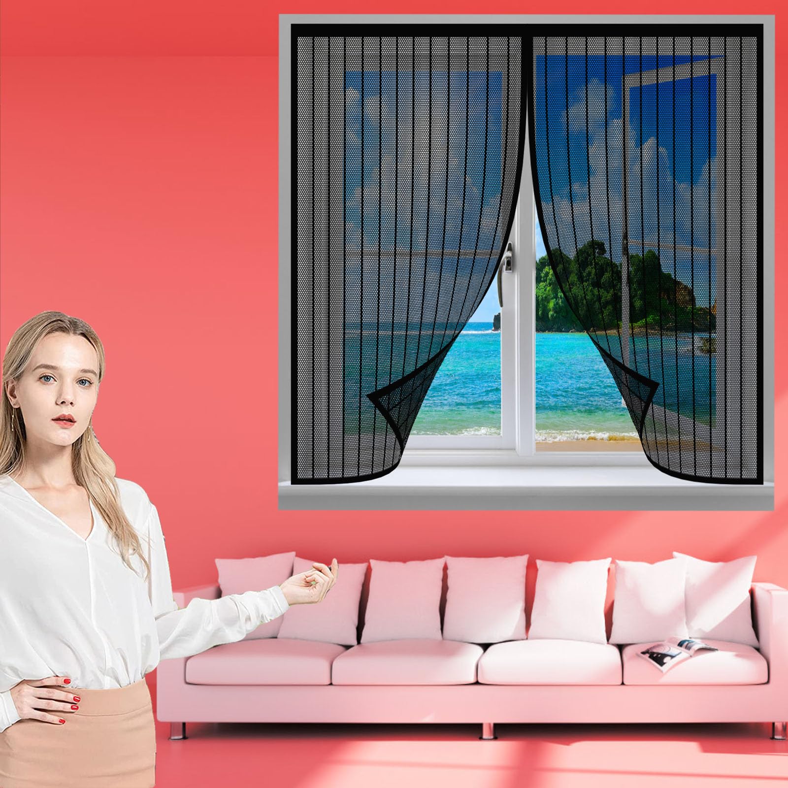 Lihuane Black Window Fly Screen 87 X 85 Cm Closes Automatically Insect Mesh Mosquito Bug Net No Drilling Or Screwing Suitable For Windows Doors Or Skylights,