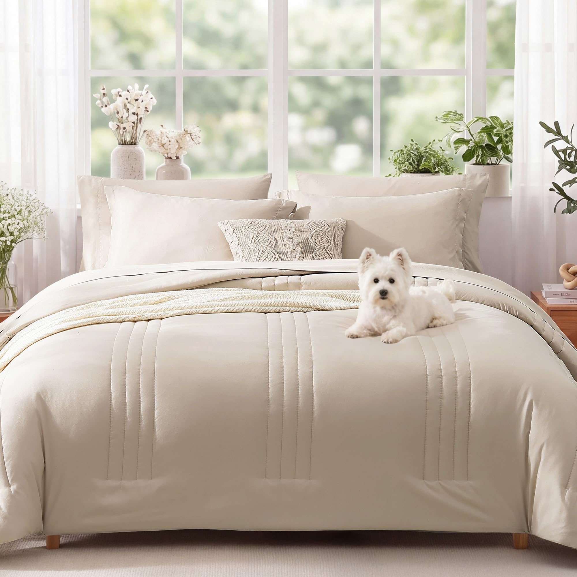 Monbix Juego de edredón tamaño Queen, Juego de Ropa de Cama Queen de 7 Piezas, edredones para Todas Las Estaciones, Juego de Cama Esponjoso, Cama cálida en una Bolsa, tamaño Queen con sábanas (Beige