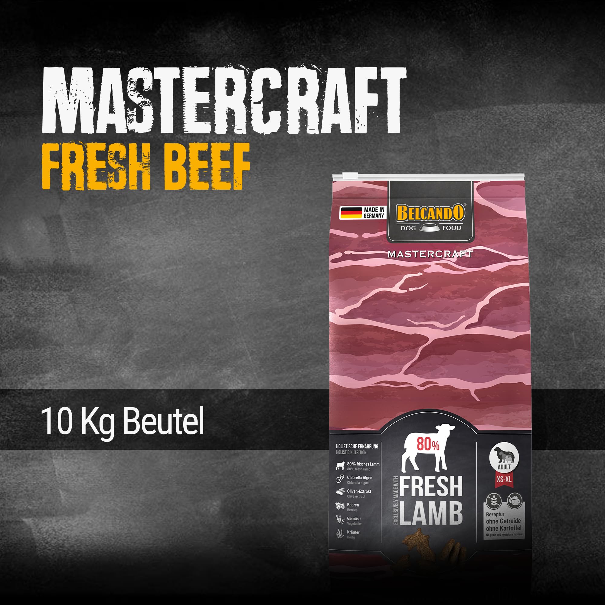 BELCANDO MASTERCRAFT sucha karma dla psów Fresh Beef, 10 kg, sucha karma dla psów z wołowiną, 80% świeżego mięsa, bez zbóż, dla wszystkich ras, Made in Germany