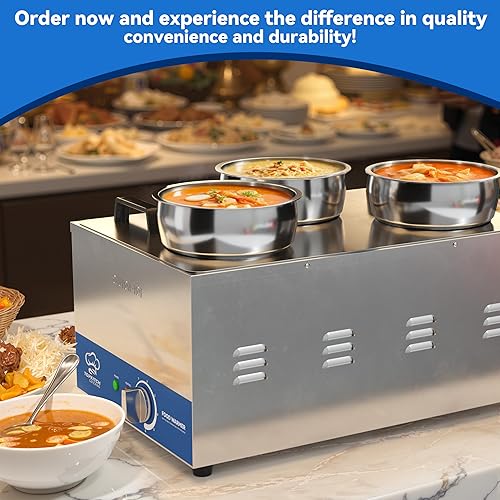 Miniatura 7 de Calentador de sopa comercial de 12L con olla de 3 × 4 L, calentador de alimentos eléctrico comercial, tanque de una pieza sin costuras, rango de