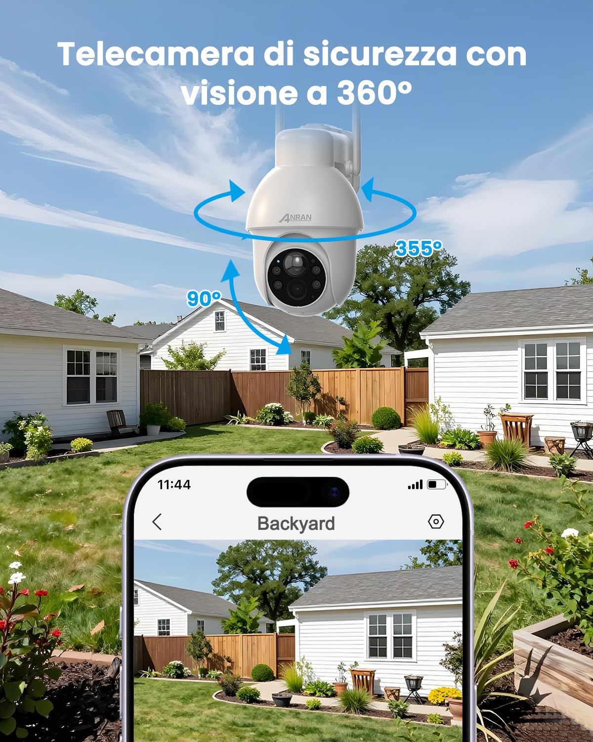 ANRAN 2K Telecamera Sorveglianza Esterno WiFi Solare con Pannello 2 Pezzi | 360° PTZ Rotante, Audio Bidirezionale, Rilevazione di Movimento PIR con Allarme