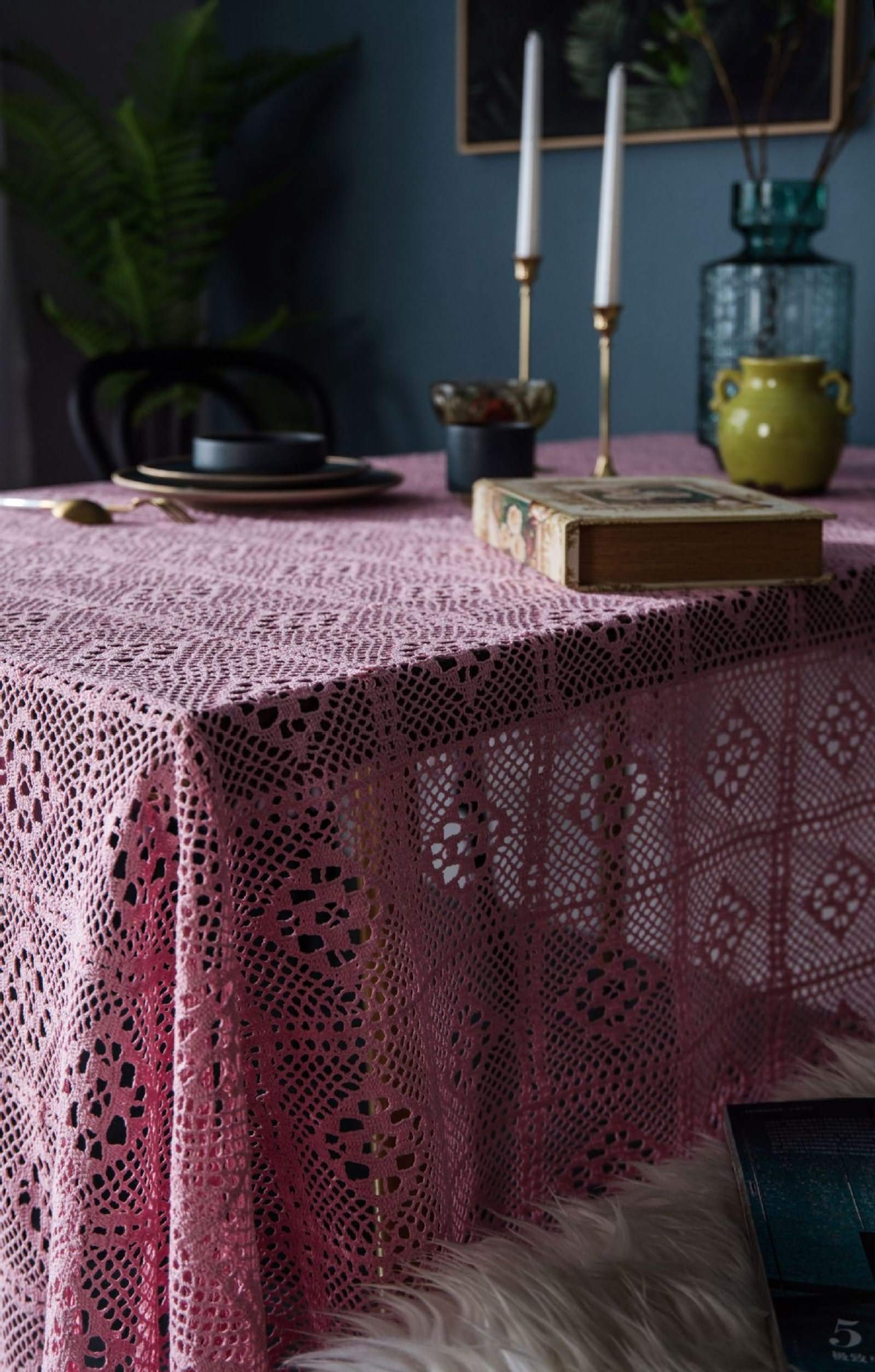 Nappe Table 140x220 cm en Coton, Rose, Nappe Rectangulaire Motif Carreaux Ajouré Style Américain, Toile de Fond Décoration