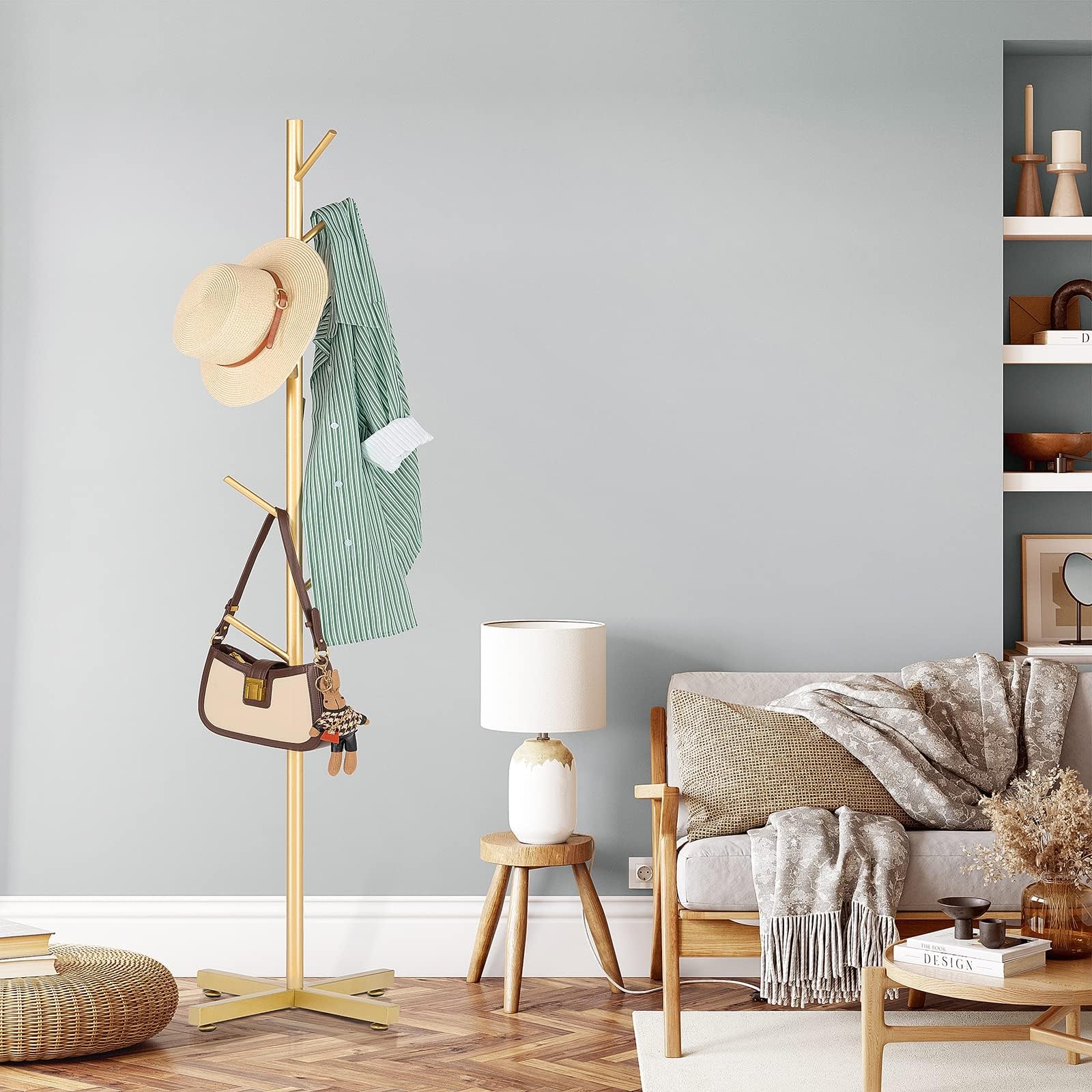 BAVIEN Metal Coat Rack Freestanding with 8 Hooks, Modern Nordic Light Luxury Hanger Floor-Standing, Coat Tree Suitable for Hanging Clothes, Bags, Hats, Accessories (Golden)