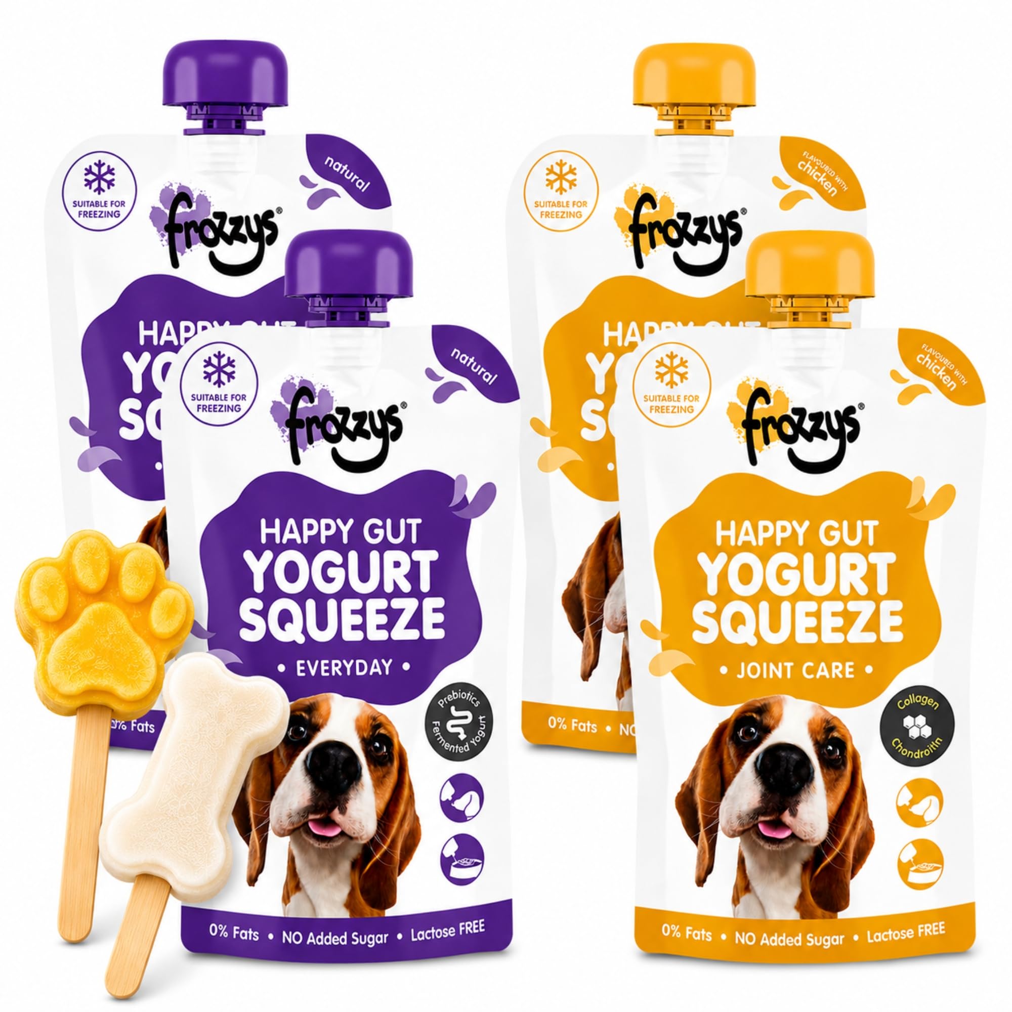 Frozzys Yoghurt Squeeze | Lactose Free Fermented Frozen Dog Yogurt | Prebiotic Dog Ice Lolly Treat | Freezable, Lickable, Squeezable Treat for Lick Mats | Joint Care & Gut Health Taster Pack 4 x 115g