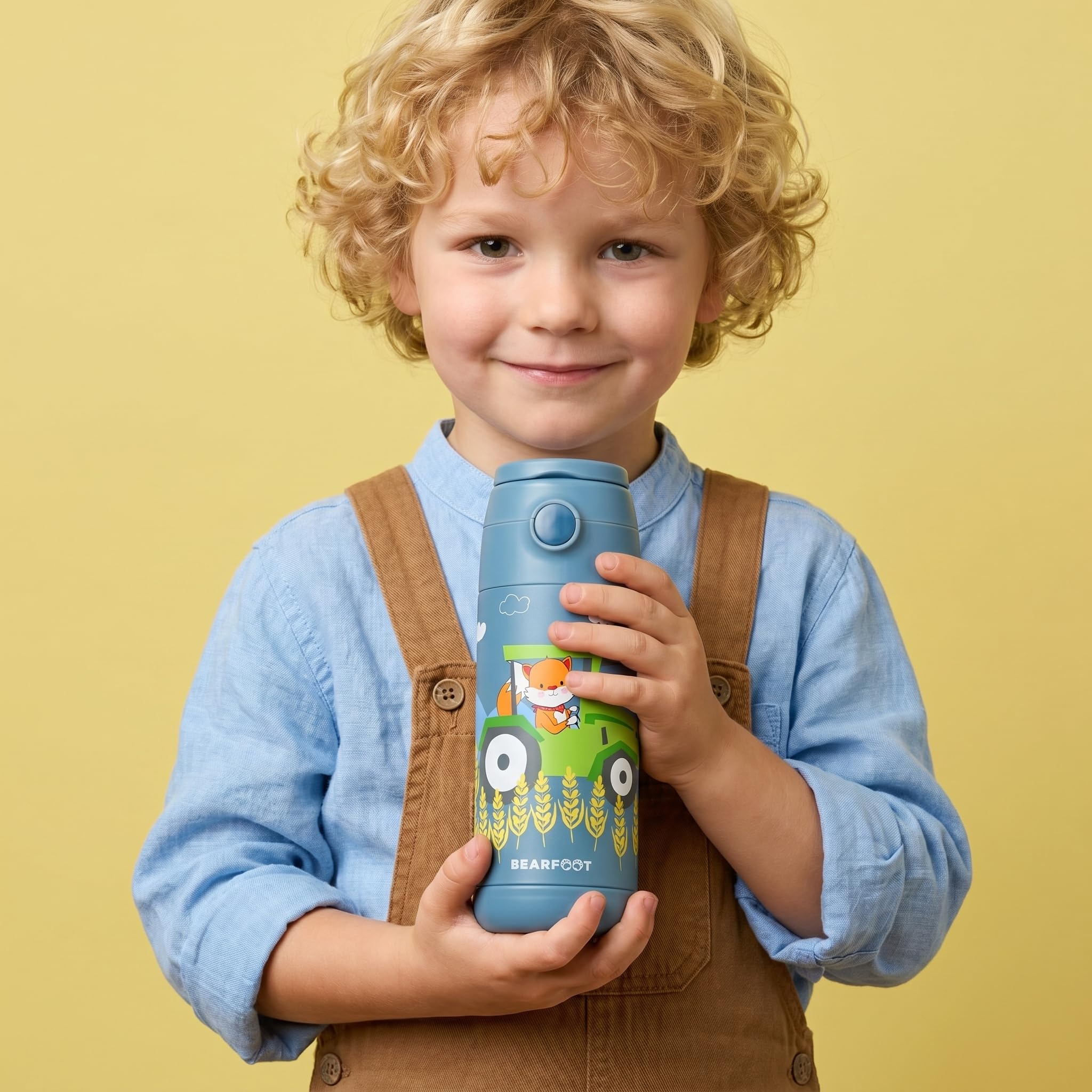 BEARFOOT Edelstahl Trinkflasche Kinder 350ml (Traktor Fuchs – Blau) | Thermo, vakuumisoliert, mit Tragegriff, auslaufsicher, BPA-frei, für Mädchen & Jungen