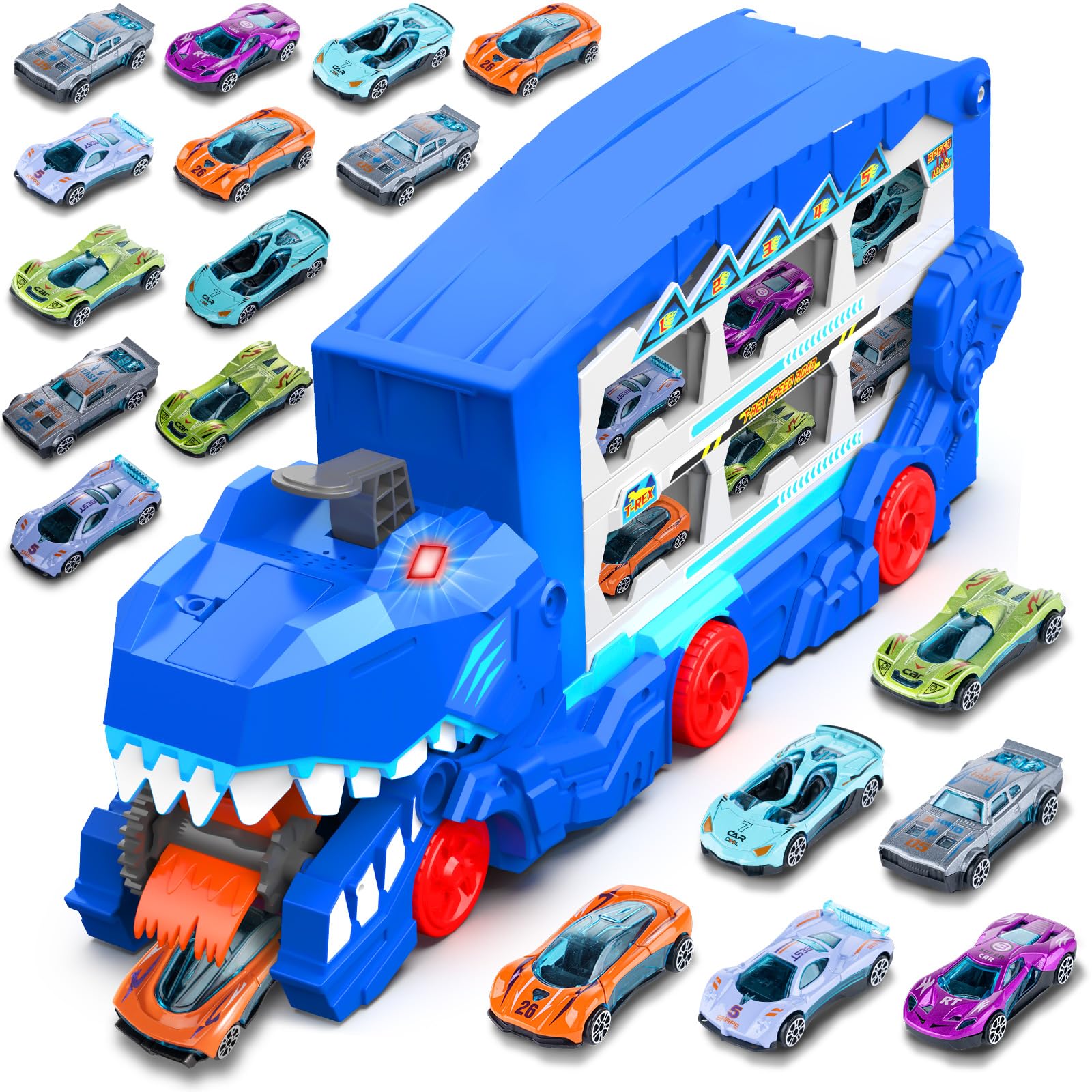 Ultimate Transporter - Juego de juguetes de pista de carreras de dinosaurios para niños, camión portador de 6 pies con 8 coches de juguete de metal fundido a presión, coche de carreras con