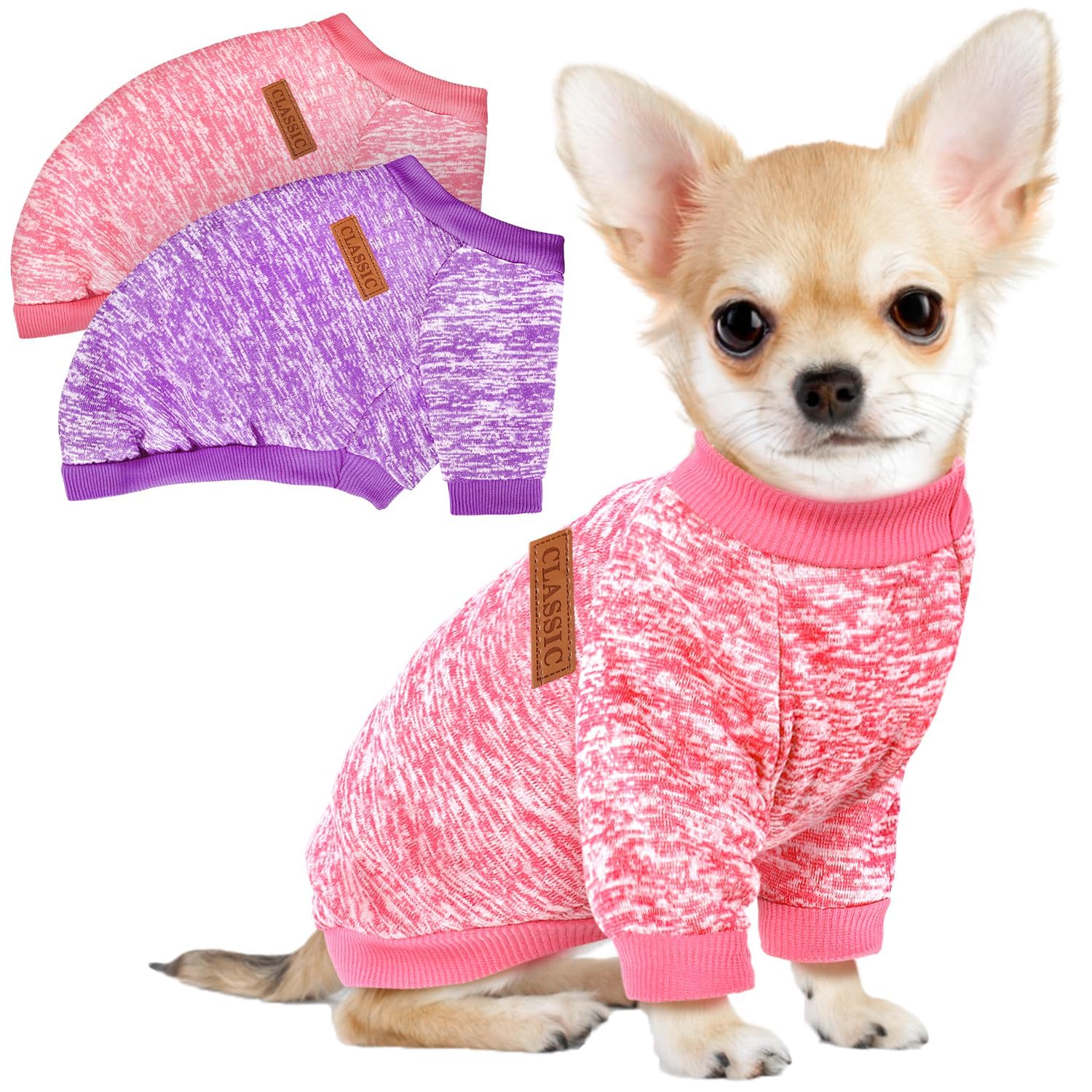Photo 1 of 2 Pcs Dog Sweaters for Small Dogs Girl Boy Winter Fleece Clothes Warm Soft Dog Sweatshirt Outfit for Dogs Cats Pet Apparel