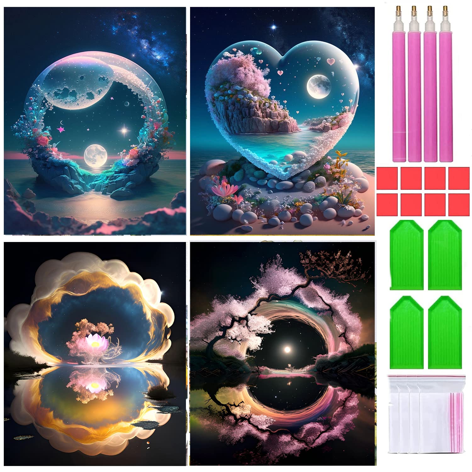 LiccyyNew 4 Pack 5D Diamond Art Painting Kits for Adults Teens Beginners with Everything, DIY Full Crystal Drill Art Paints Set by Numbers for Home Wall Deco Gift,Tree and Moon(12x16 in/Round Gem)