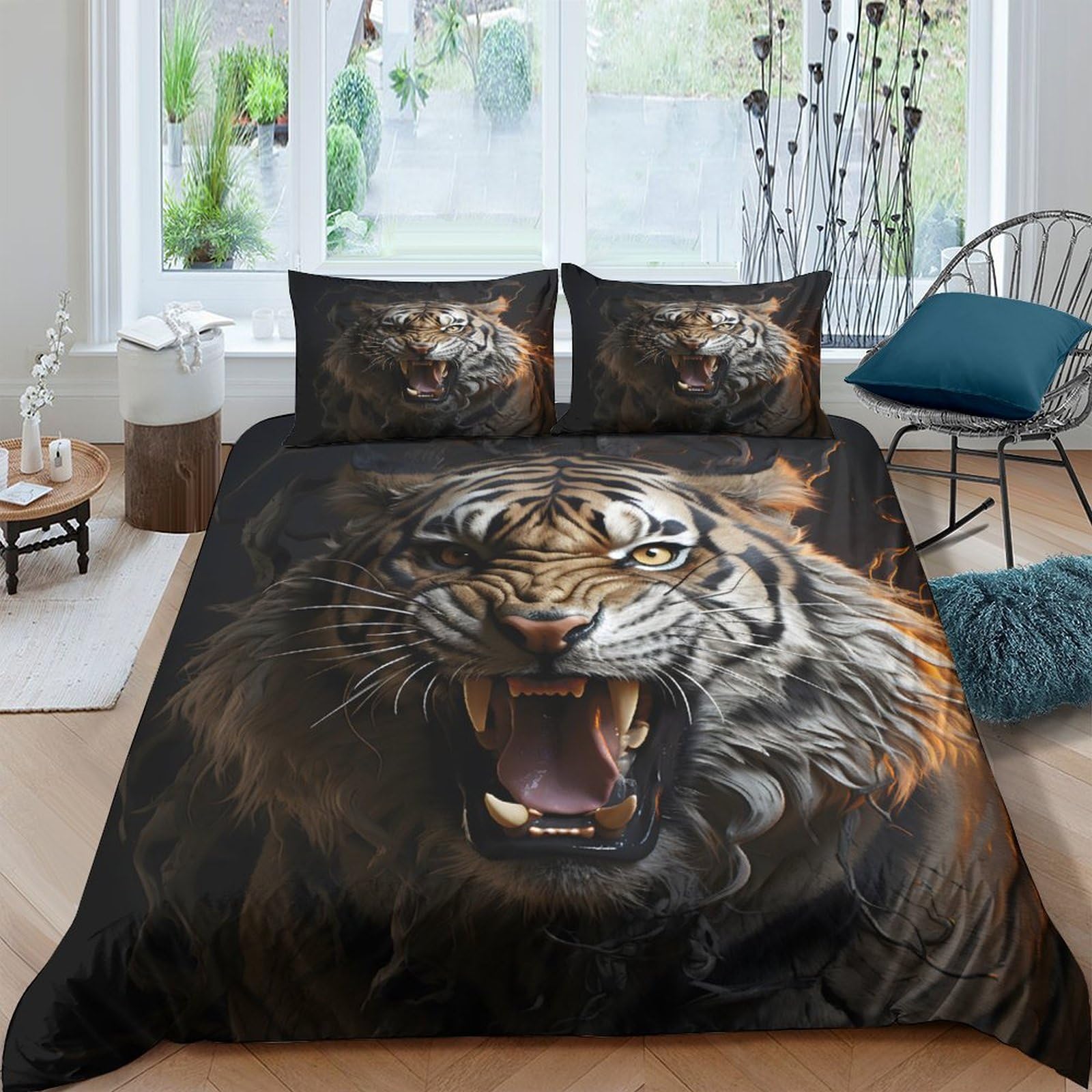Ctjqhvkz Style-10 3D Printed Roaring Tiger Fitted Sheet Microfiber Soft Black Animal Bed Cover For Bedroom Dorm Mattress Protection Decor Single（135X200cm）
