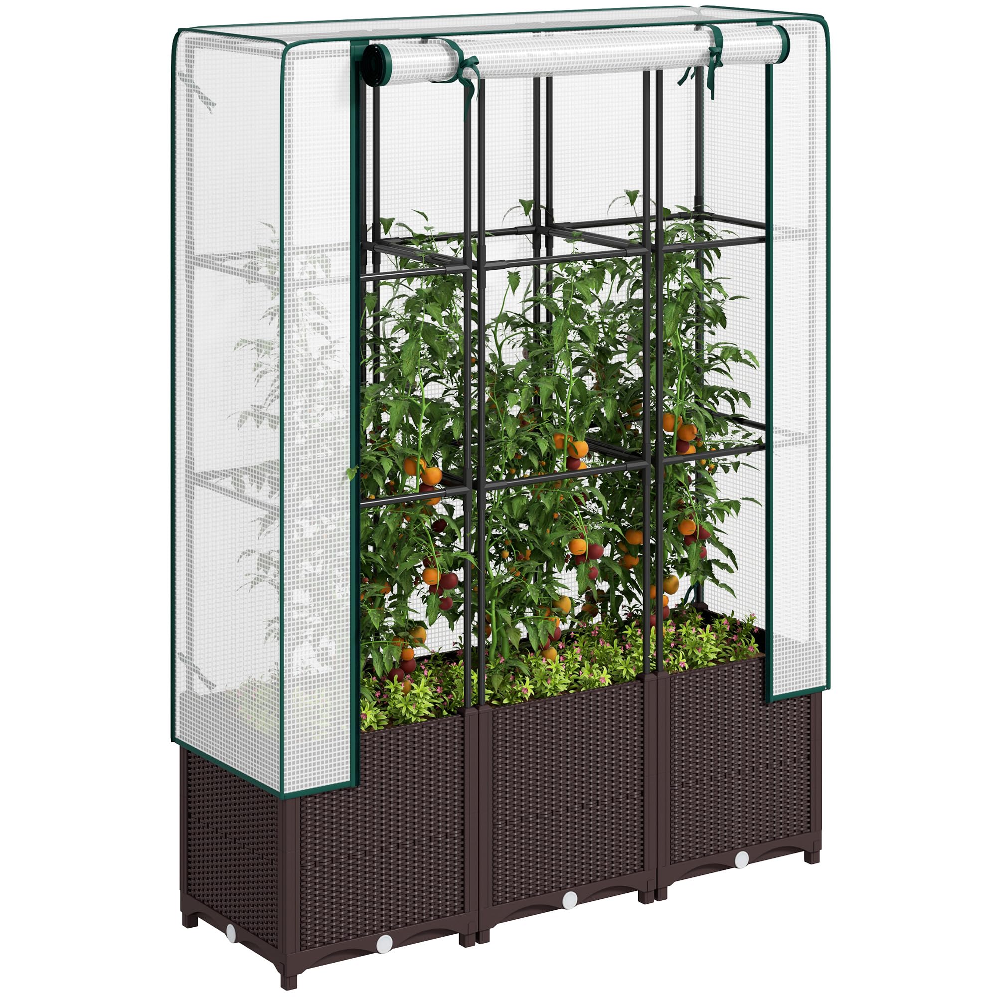 Outsunny Raised Garden Bed with Trellis, Plastic Planter Box with PE Cover, Drainage Holes, Drain Plugs and Water Reservoirs for Climbing Plants, Vegetables, Flowers, 120 x 40 x 140 cm