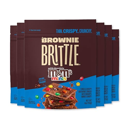 Brownie Brittle – M&M’S Minis Thin and Crispy Sweet Snacks (Pack of 6, 4 oz), Rich Gourmet Brownie Bites Dessert - Classic M&M