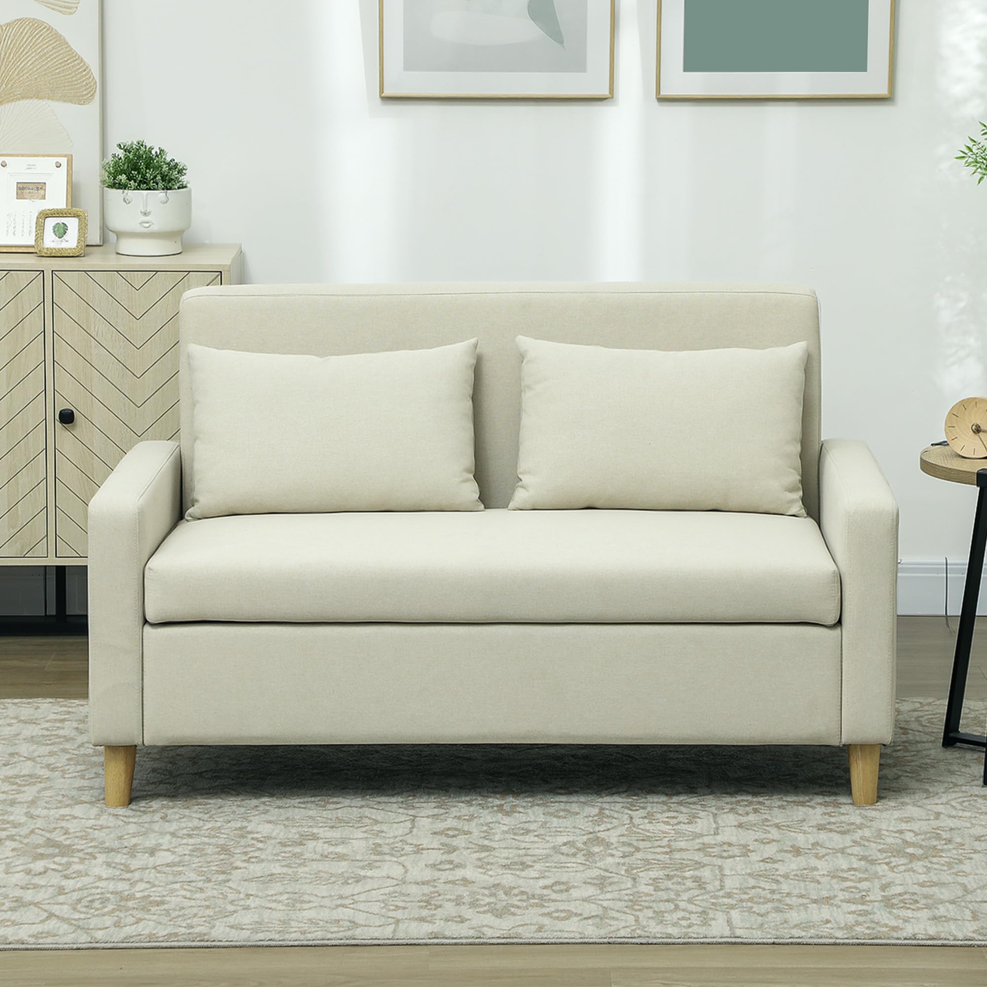HOMCOM Sofá de 2 Plazas Tapizado en Lino Sintético con Espacio de Almacenamiento Oculto Sofá de Salón con 2 Almohadas Bolsillo y Patas de Madera Carga 240 kg 135x72x84 cm Beige