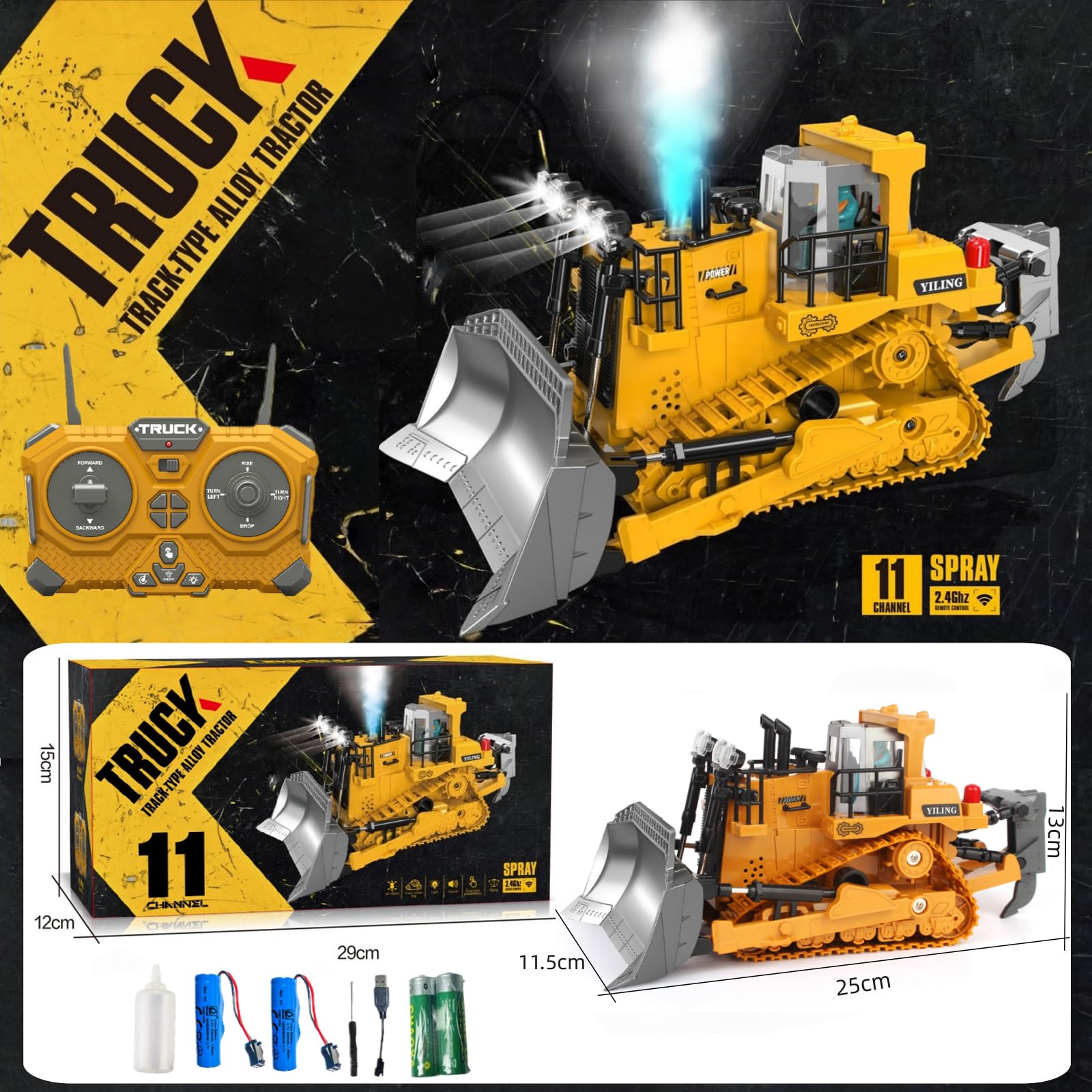 Escala1:16 11Canales Bulldozer teledirigido completamente funcional RC oruga con luz y efectos de sonido y spray; Niños 4 y 12 años Masculino Juguetes Regalo Pascua