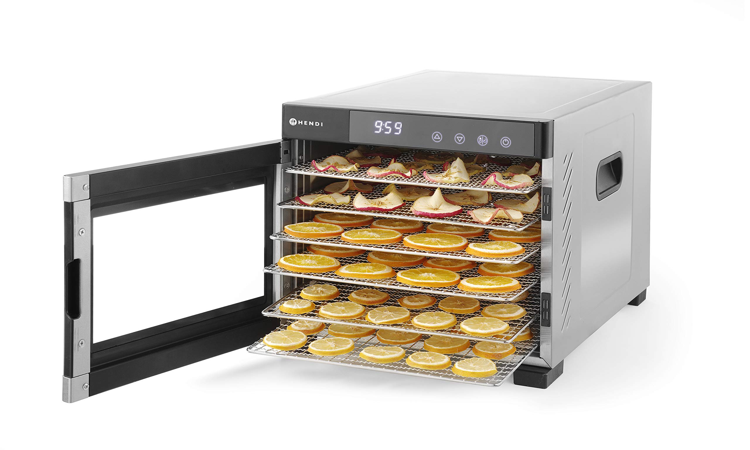HENDI Essiccatore alimentare, con 6 griglie, per l’essiccazione di frutta, verdura e carne, timer, intervallo di temperatura da 35º a 75ºC, 230V/600W, 340x450x(H)311mm, acciaio inossidabile
