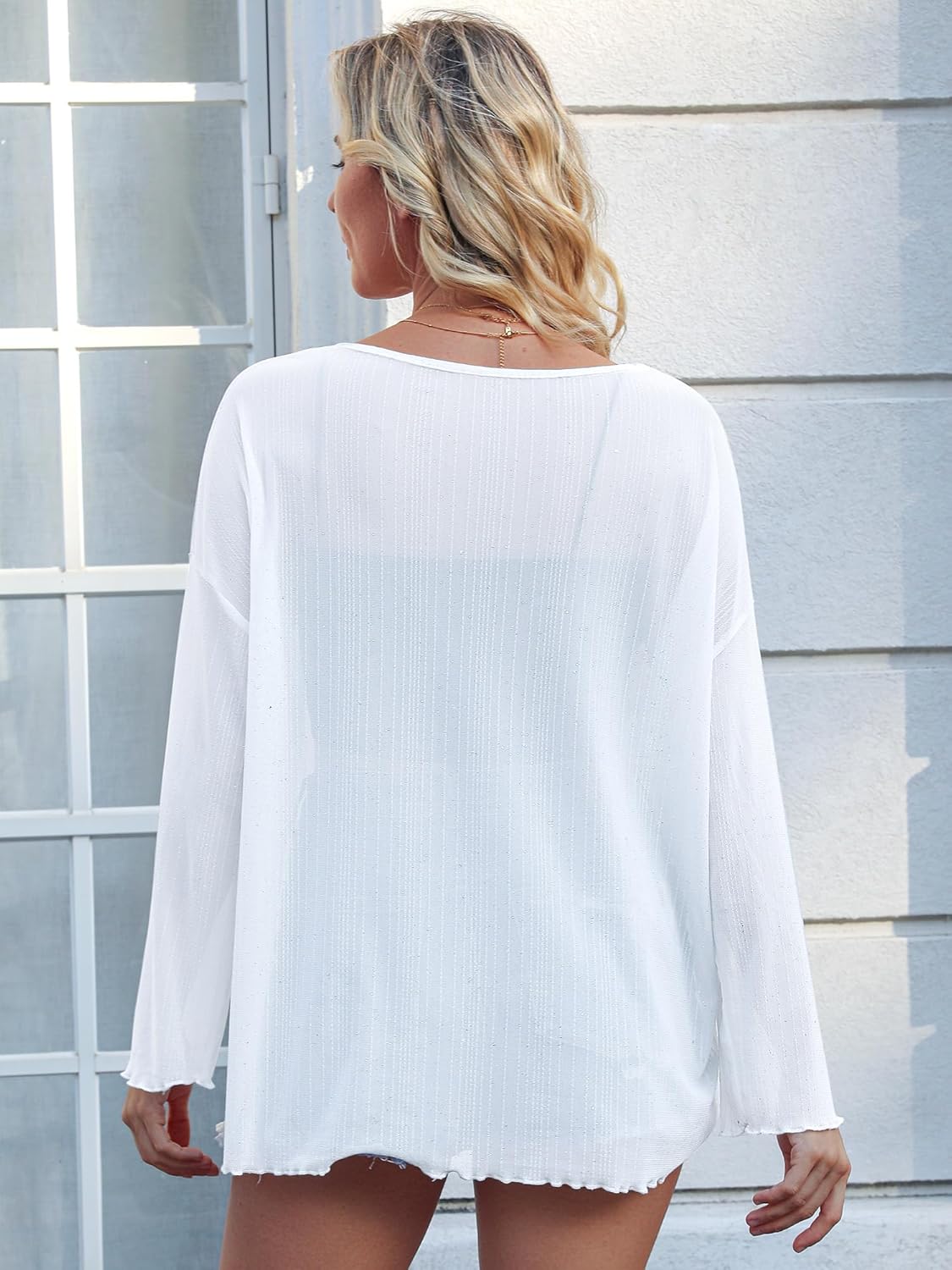 Womens Oversized Mesh Sheer Sparkly Top Glitter See Through Tops Tee Shirt Long Sleeve Concert Rave Party Outfits - Image 5