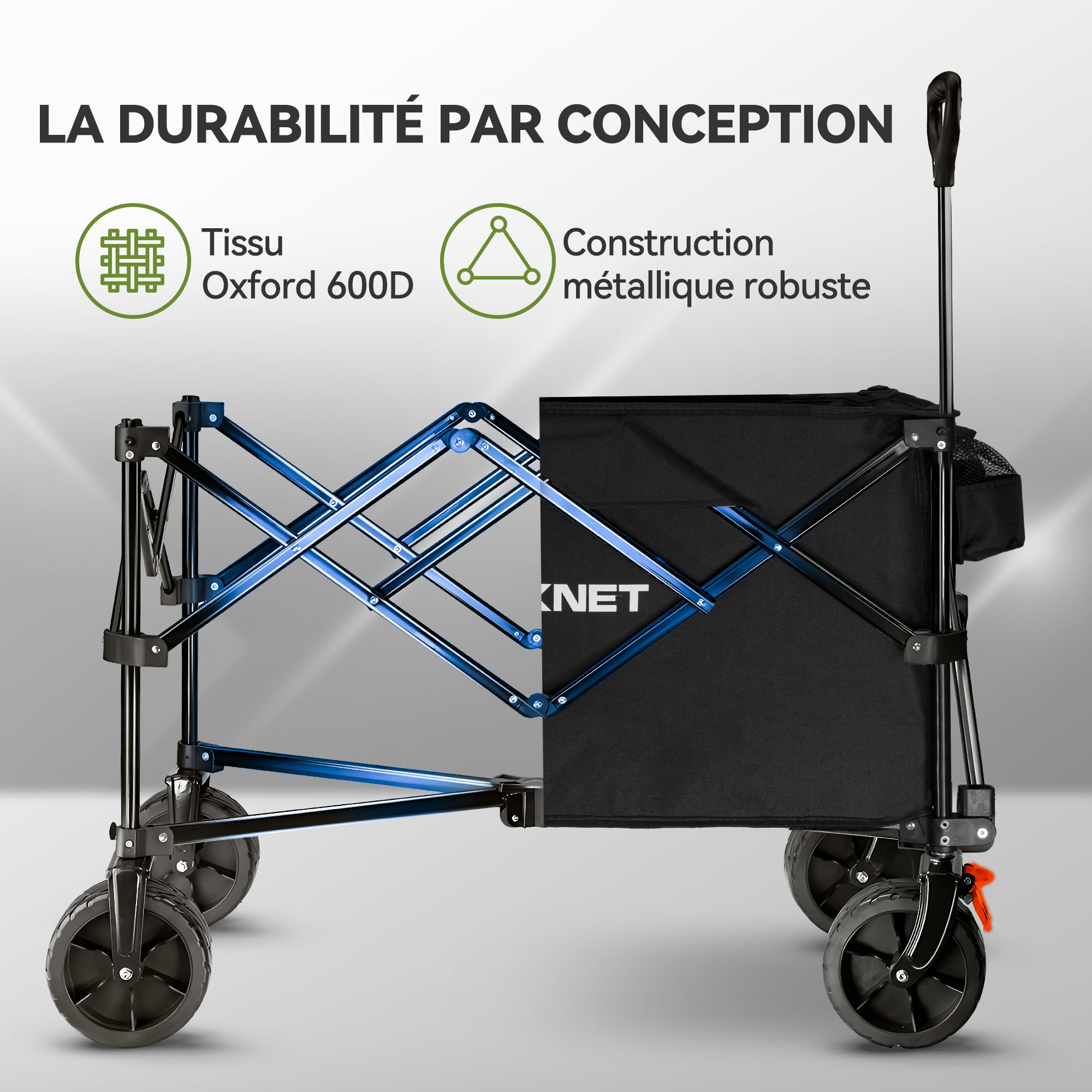 TECKNET Chariot de transport pliable avec freins - 180 l - 150 kg - Charge maximale : 150 kg - Pour la plage, le camping, le camping, les festivals - Noir