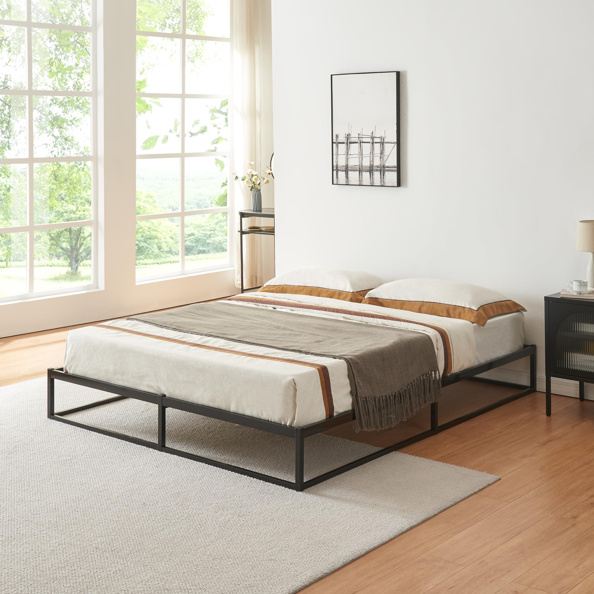 [en.casa] Struttura Letto Matrimoniale 160x200 cm in Acciaio Letto a 2 Piazze Senza Testiera e Pediera Letto Minimalista di Forma Rettangolare - Nero