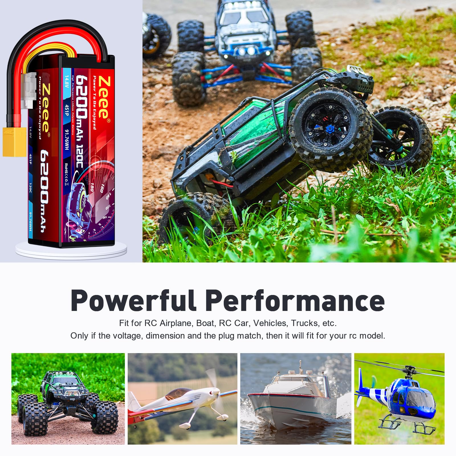 Zeee 4S Lipo 6200mAh 14,8V 120C Hartschalen mit XT90 Stecker(2 Packungen) | RC Batterie für Auto LKW Panzer RC-Buggy Truggy RC-Modelle