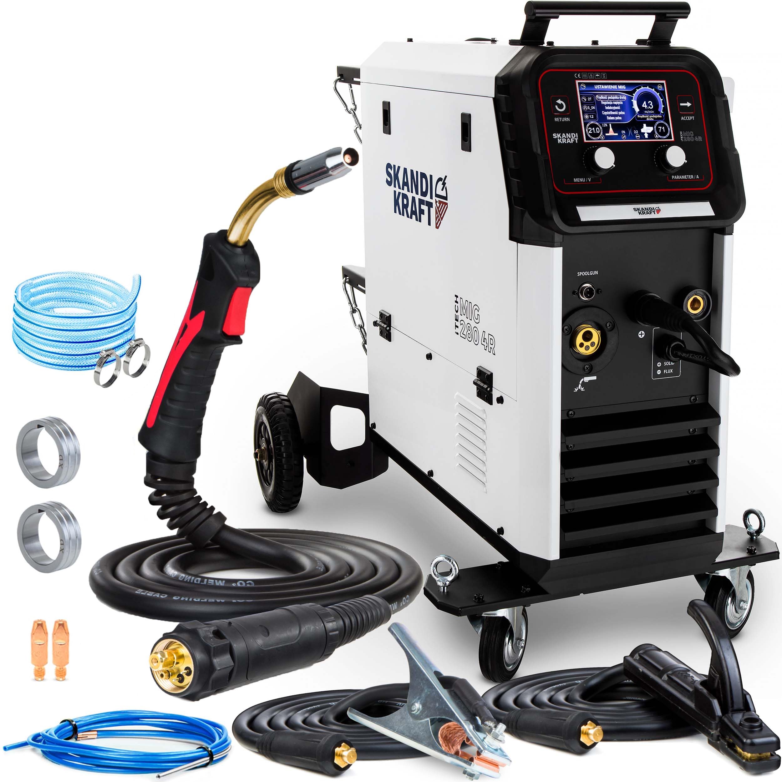 SKANDI KRAFT iTech MIG 280 4R - Saldatrice MIG MAG e saldatrice a gas di protezione da 400 V, bottiglia da 8 l e accessori su carrello di saldatura, 4 rulli, saldatura in alluminio (280 A)
