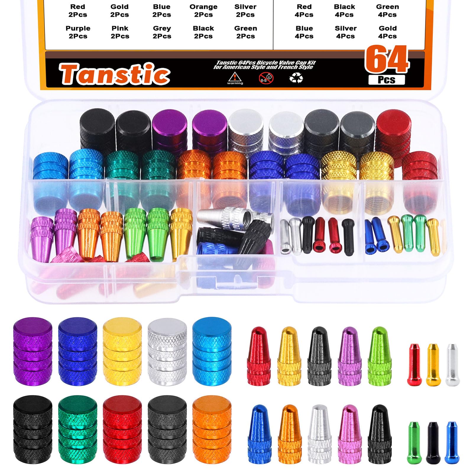 Tanstic64Pcs Bike Tire Valve Stem Caps with Cable End Caps Kit, 10 Colors French Style & American Style Aluminum Tire Valve Caps Dust Covers, 6 Colors Alloy Cable End Crimps for Bicycle Motorcycle
