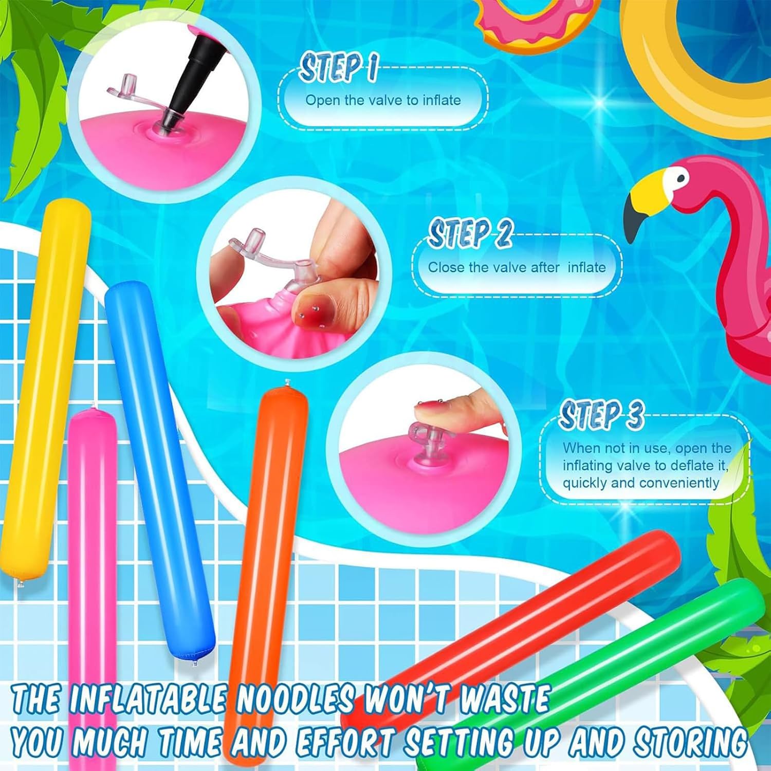 Inflatable Pool Noodle - 5 Piece Swimming Float Stick Set with Pump, Portable Water Float for Adults & Kids, Durable PVC Floating Stick for Lake, Beach, Travel & Outdoor Water Sports