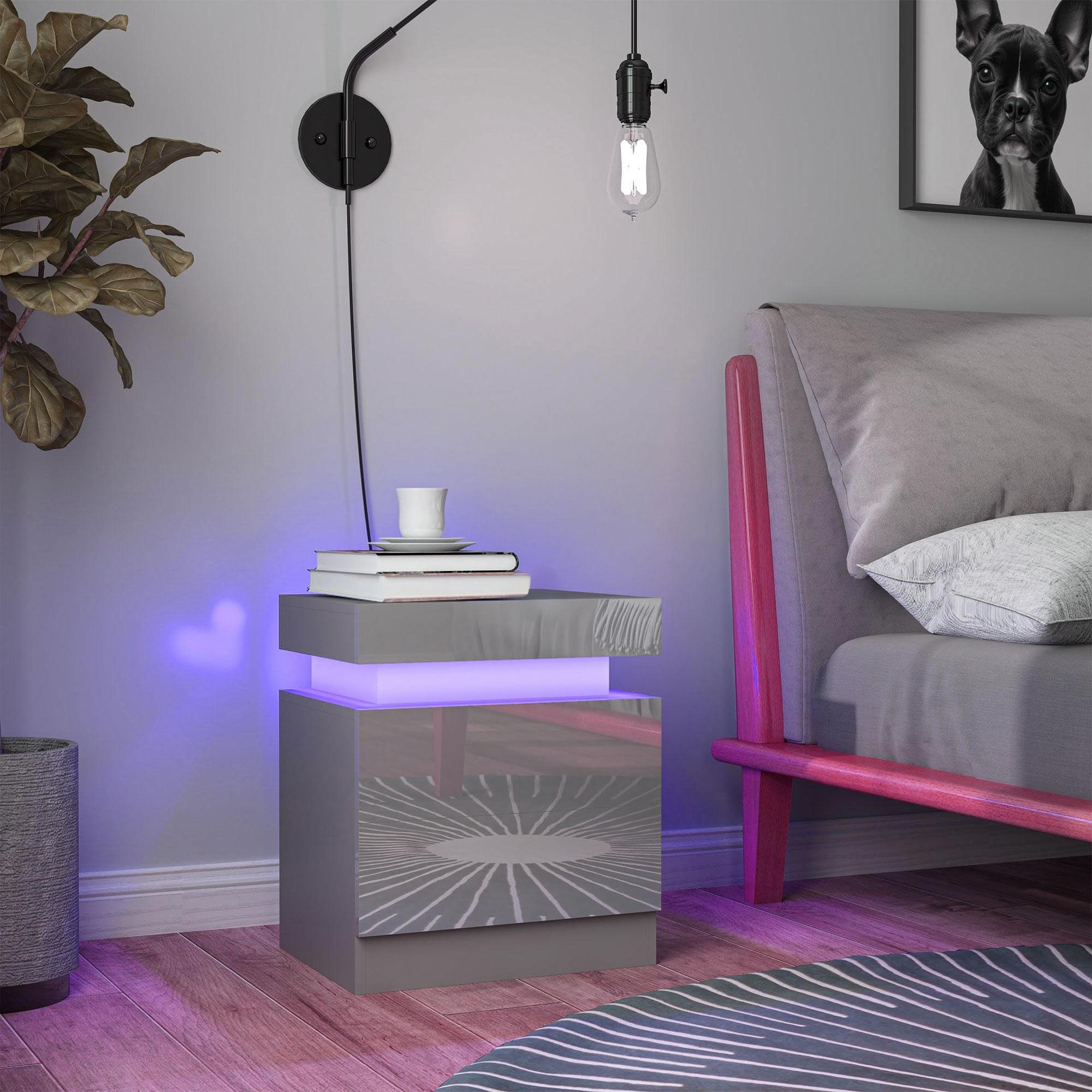 HOMCOM Stolik nocny z przodu o wysokim połysku, stolik nocny ze światłem LED RGB i 2 szufladami, komoda do sypialni, salonu, szara